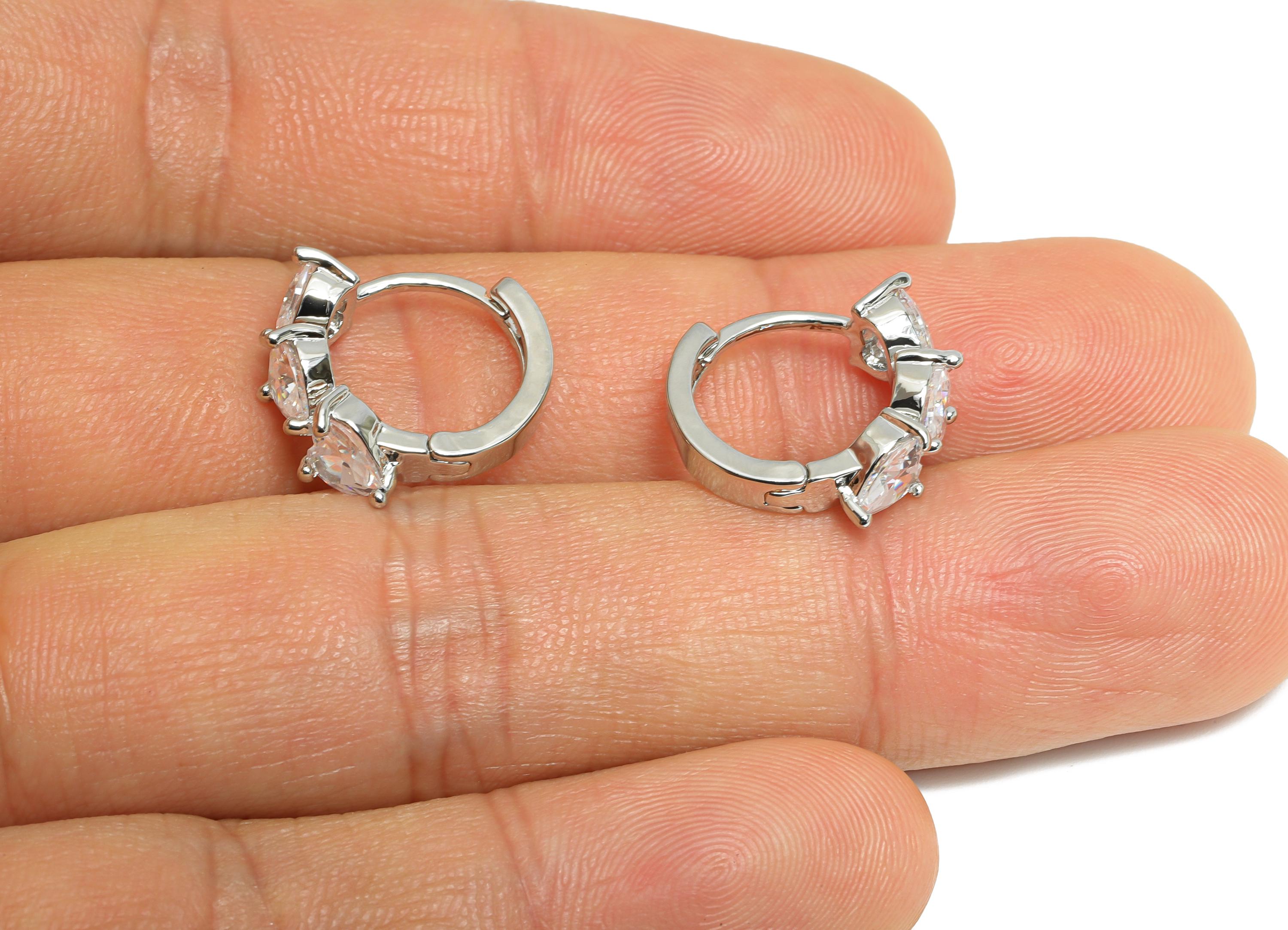 Heart Sparking Hoop - Brass Chic Huggie Hoop Clasp - Elegant Bling Cubic Zircon Earring - 18K Real White Gold Plating - 15x6x3mm - RGP9683S - DOMEDBAZAAR