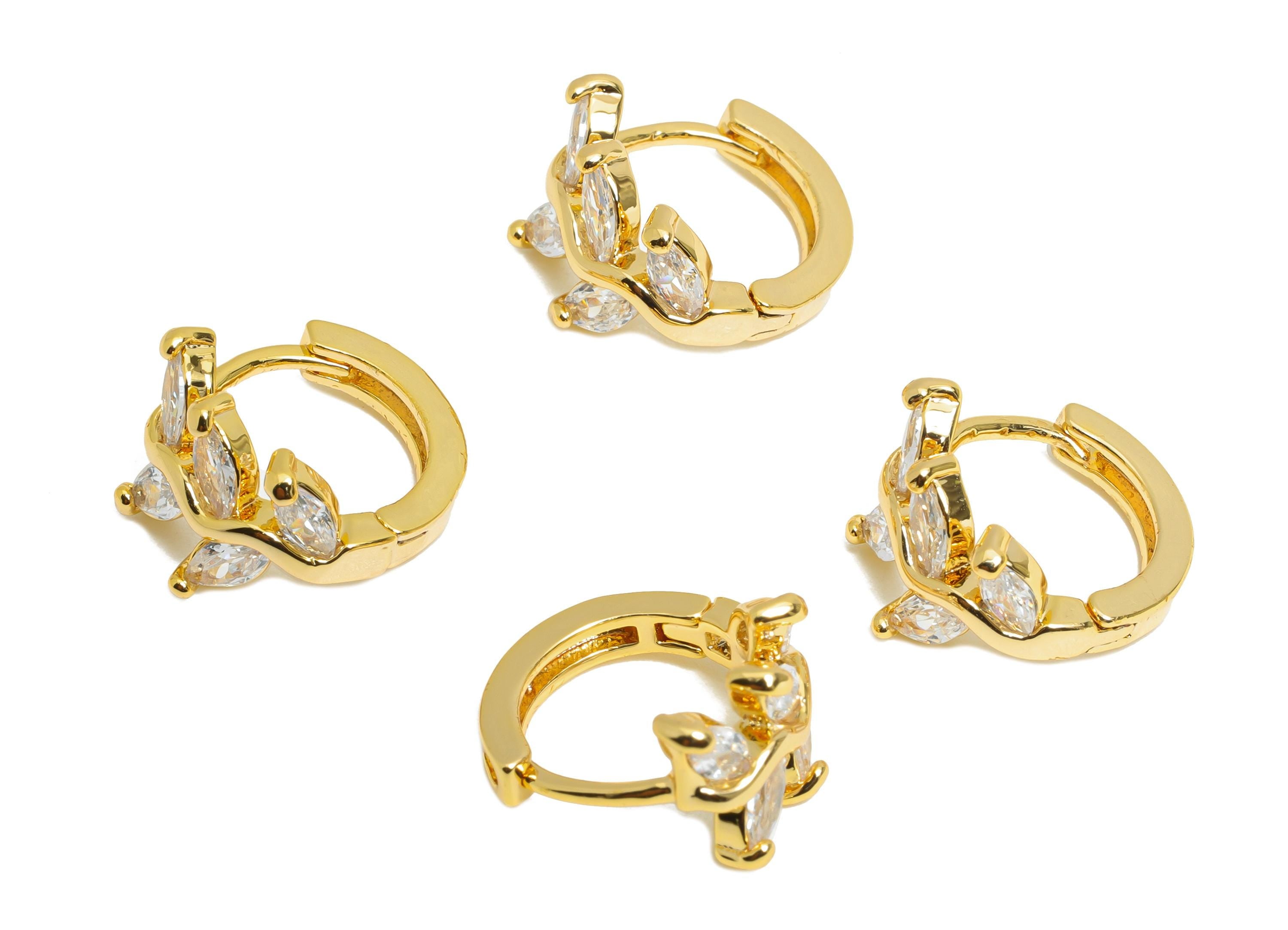 Brass Leaf Sparking Hoop - Brass Chic Huggie Hoop Clasp - Elegant Branch Cubic Zircon Earring - 18K Real Gold Plating - 15x6x3mm - RGP9684 - DOMEDBAZAAR