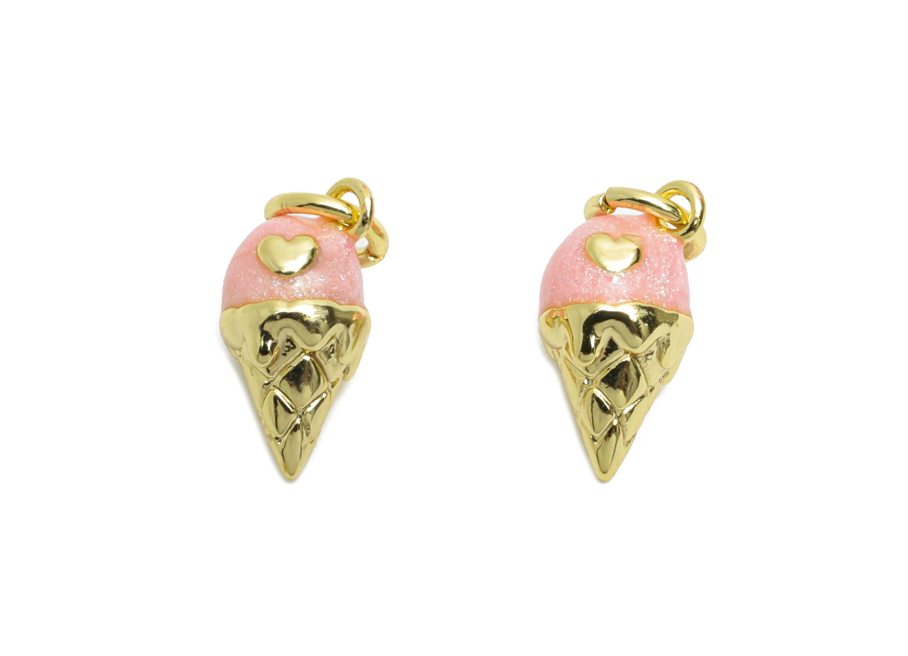 Brass Ice Cream Cone Earring Charm - Brass Enamel Earring Charm - Cute Charm For DIY Bracelet - 18K Real Gold Plated - 11x6x6mm - RGP10613 - DOMEDBAZAAR