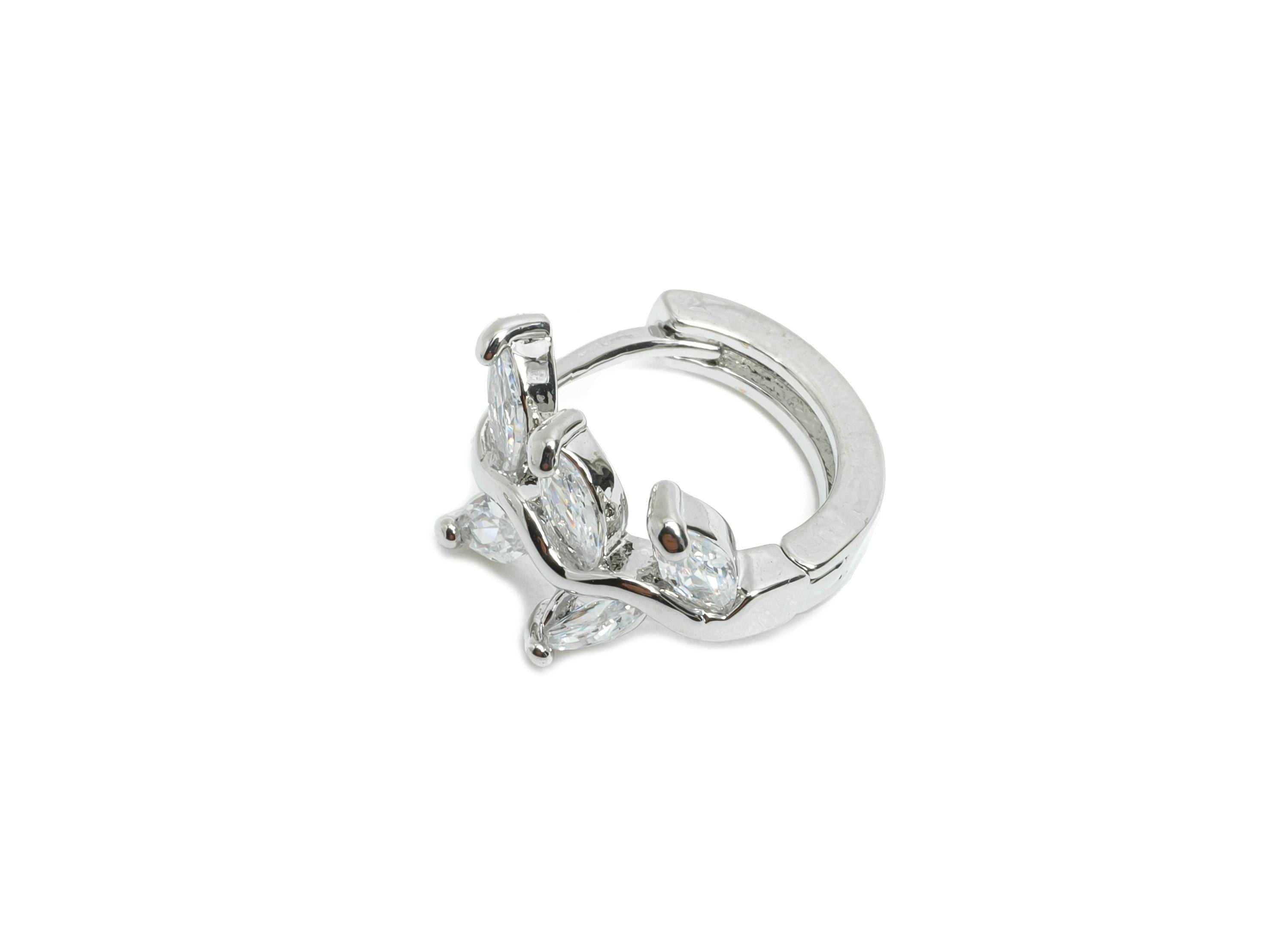 Leaf Sparking Hoop - Brass Chic Huggie Hoop Clasp - Elegant Branch Cubic Zircon Earring - 18K Real White Gold Plating - 15x6x3mm - RGP9684S - DOMEDBAZAAR