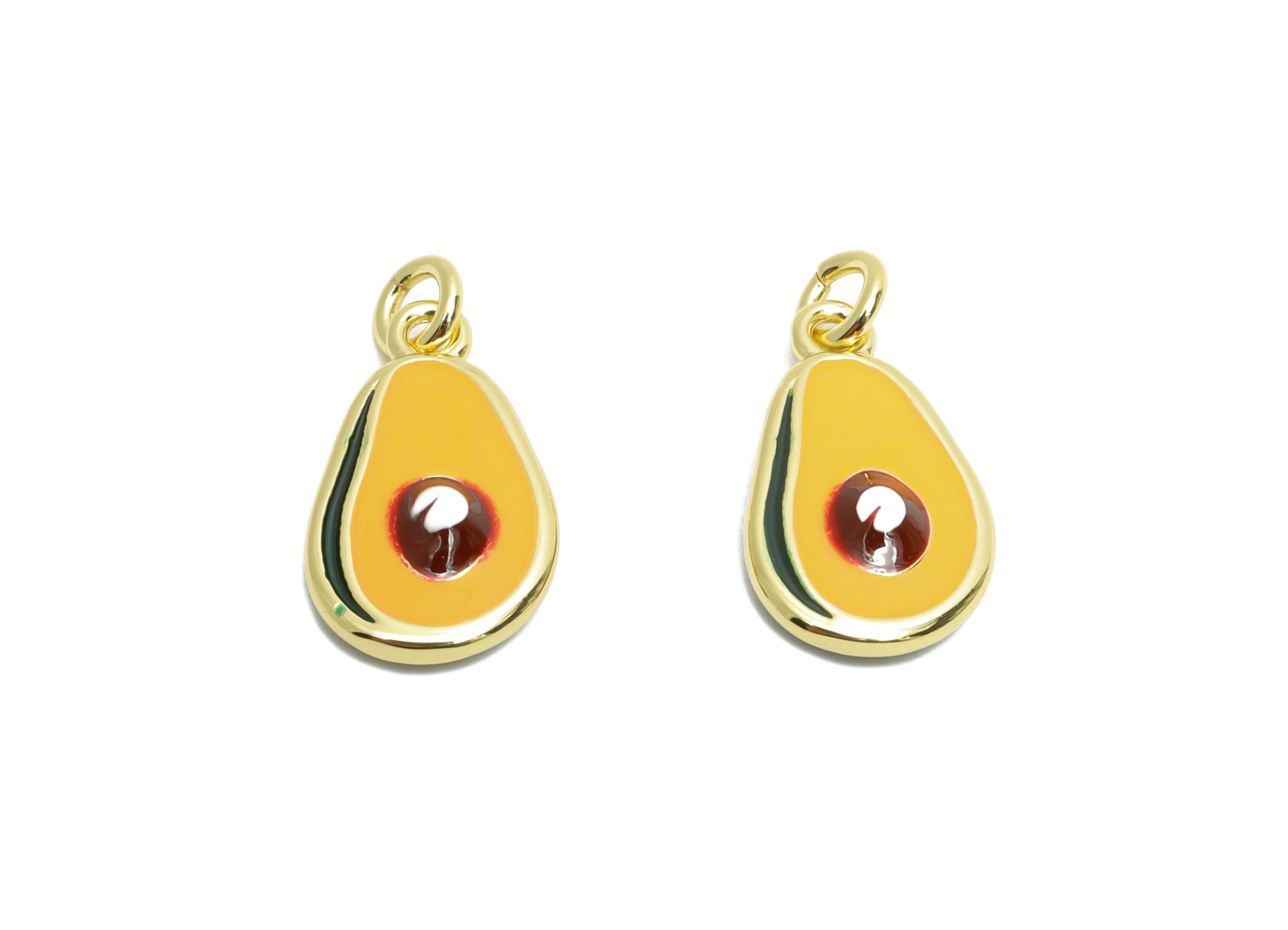 Brass Avocado Earring Charm - Brass Enamel Earring Charm - Dainty Fruit Charm For DIY Bracelet - 18K Real Gold Plated - 14x8x3mm - RGP10584 - DOMEDBAZAAR