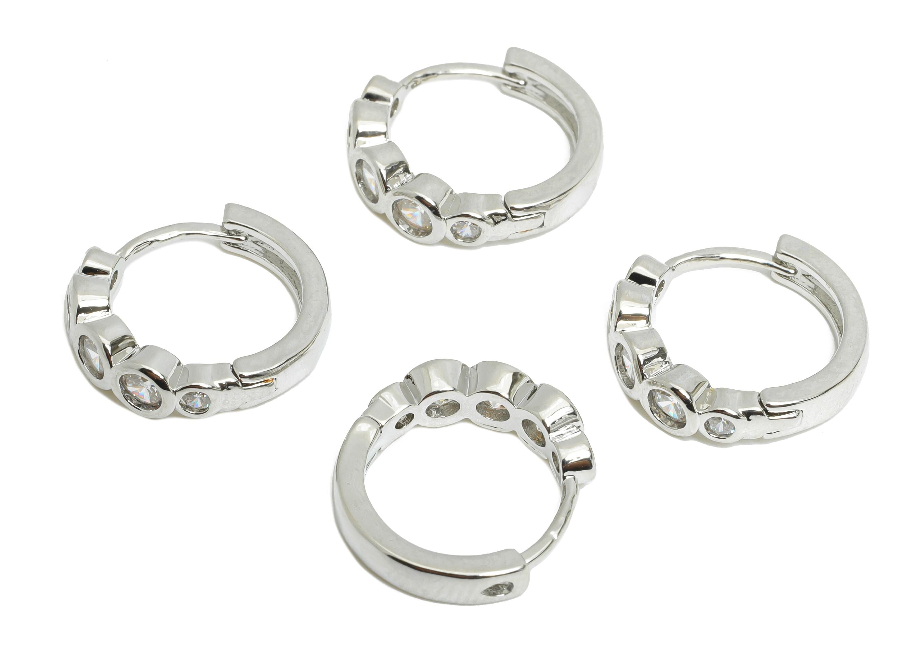 Brass Beaded Sparking Hoop - Brass Huggie Hoop Clasp - Elegant Tiny Cubic Zircon Earring - 18K Real White Gold Plating - 15x4x2mm - RGP9682S - DOMEDBAZAAR