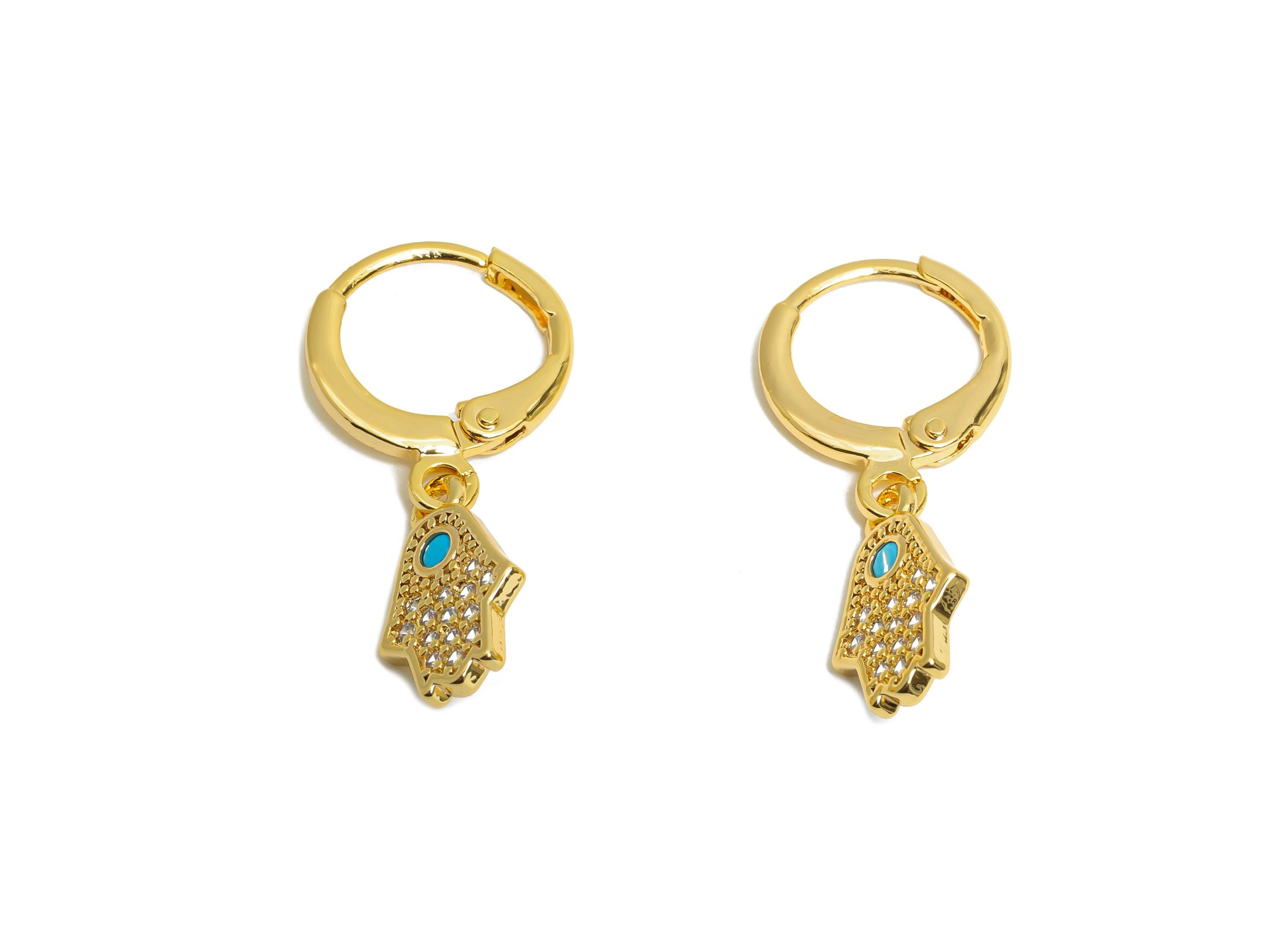 Gold Hamsa Leverback Earring - Brass Dangle Huggie Hoop Clasp - Cubic Zircon Earring - 18K Real Gold Plated - 13x8x1mm - RGP9680 - DOMEDBAZAAR