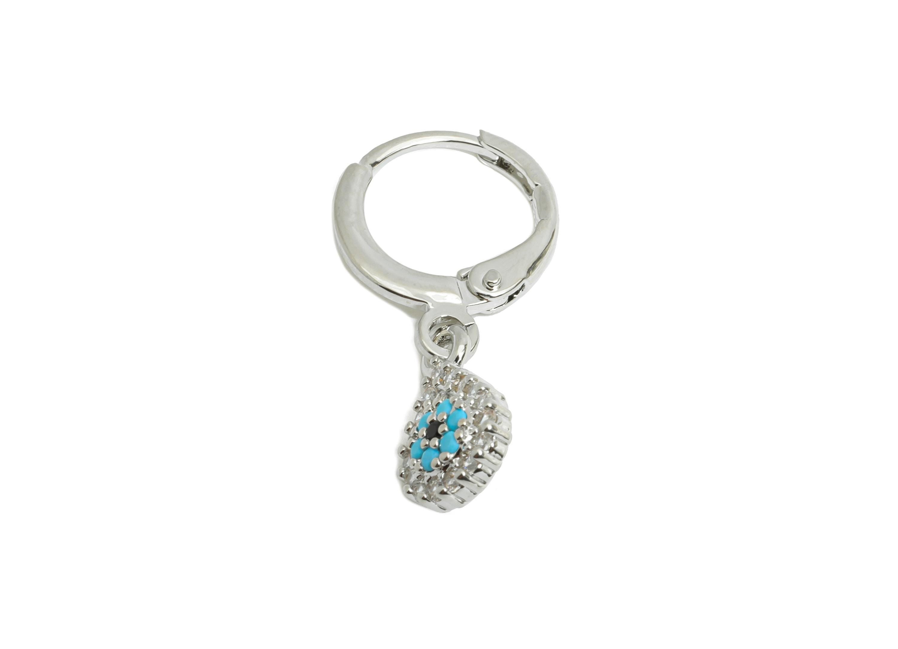 Silver Evil Eye Leverback Earing - Brass Dangle Huggie Hoop Clasp - Cubic Zircon Earring - 18K Real White Gold Plated - 11x7x2mm - RGP9679S - DOMEDBAZAAR