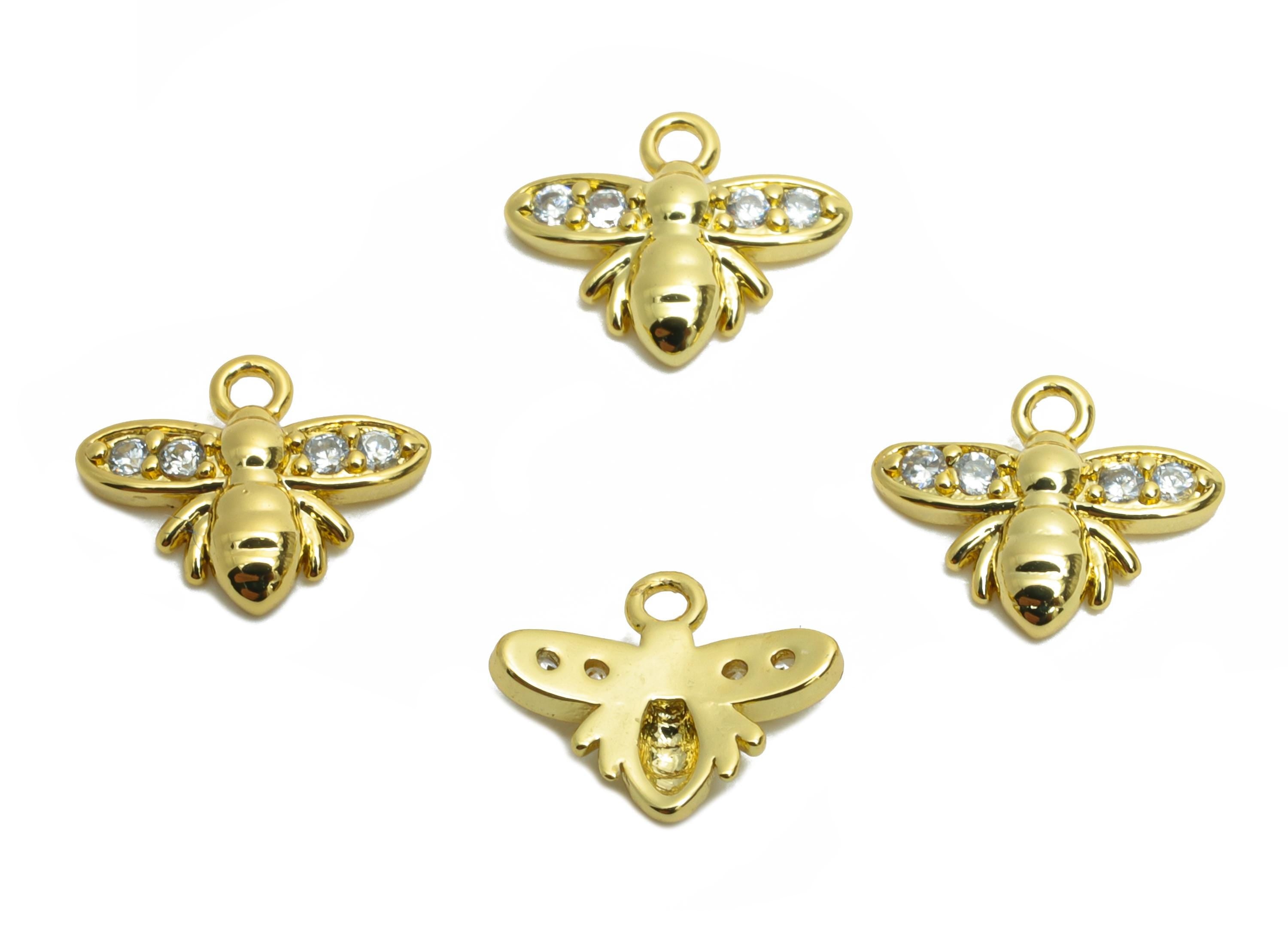 Brass Tiny Bee Charm - Brass Cubic Zircon Sparking Charm - Brass Dainty Charm For Bracelet - 18K Real Gold Plated - 7.6x9.11x1mm - RGP10614 - DOMEDBAZAAR
