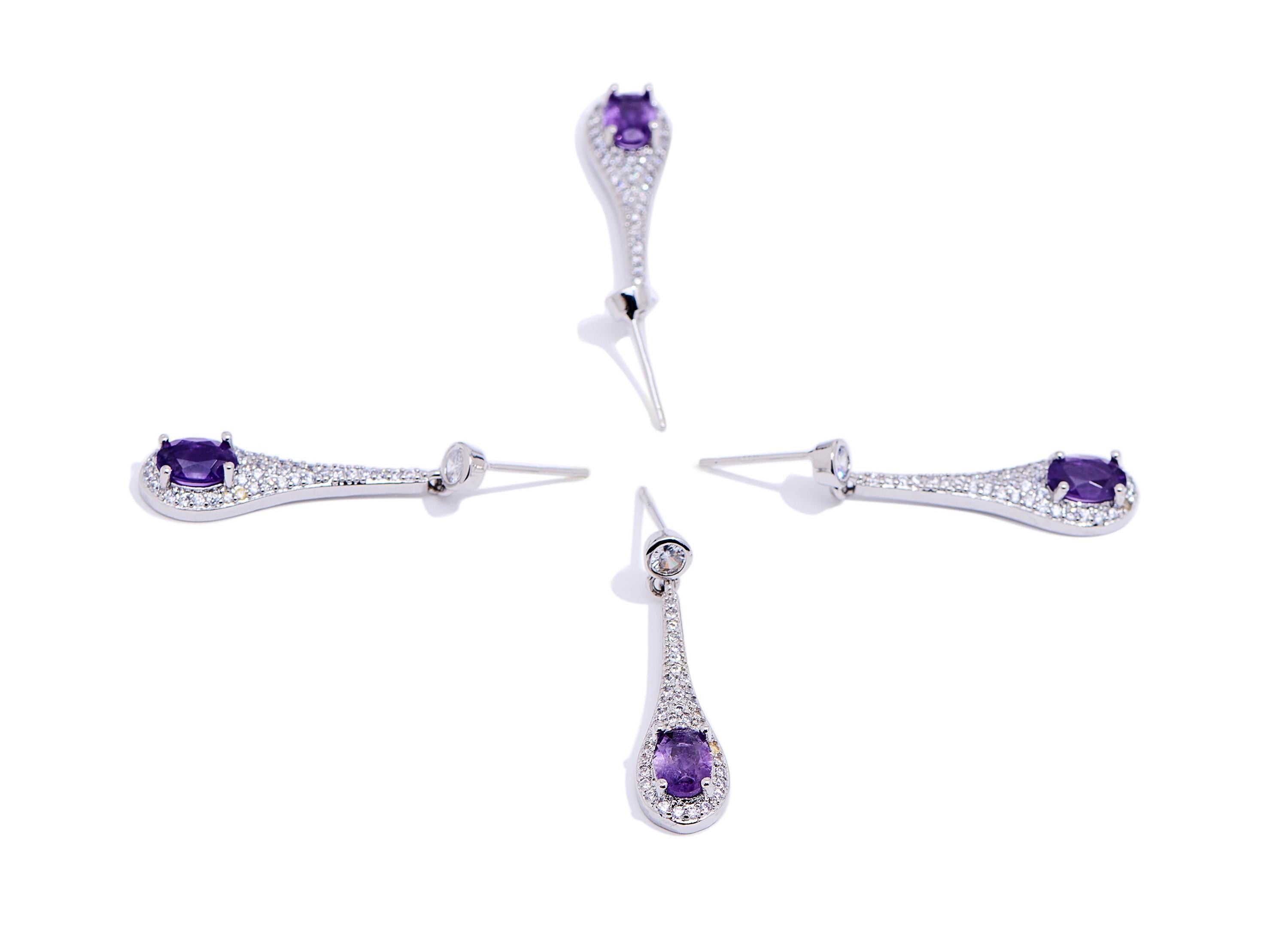 Amethyst Brass Dangle Teardrop Stud - Luxury Zircon Gemstone Post - Sparkling Jewelry Making - Silver Stud - White K Plated -32x8x5mm-NS2666 - DOMEDBAZAAR