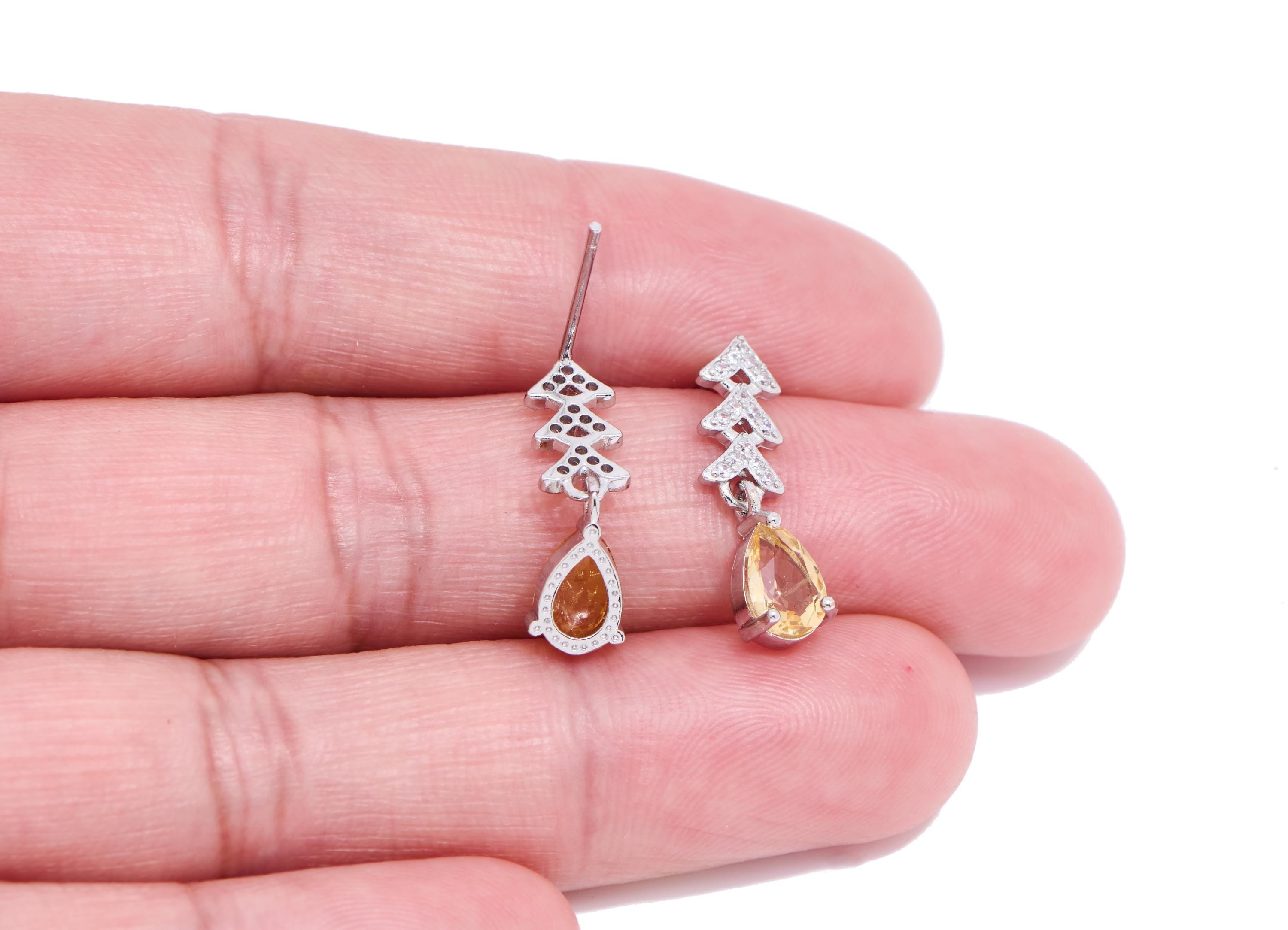 Citrine Brass Dangle Drop Stud - Chic Zircon Christmas Tree Gemstone Post - Jewelry Making - Silver Stud - White K Plated -20x5.8x4mm-NS2598 - DOMEDBAZAAR