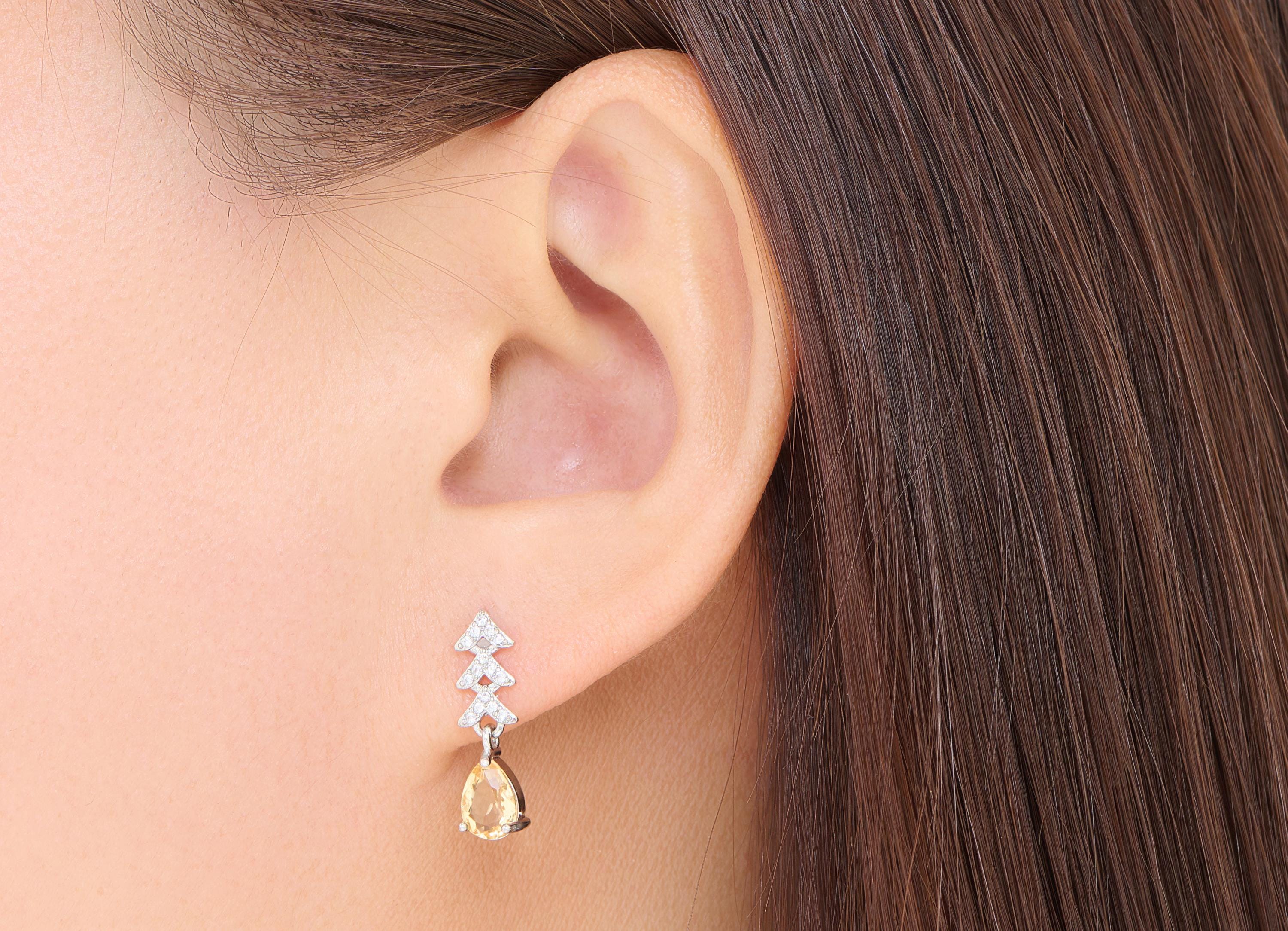 Citrine Brass Dangle Drop Stud - Chic Zircon Christmas Tree Gemstone Post - Jewelry Making - Silver Stud - White K Plated -20x5.8x4mm-NS2598 - DOMEDBAZAAR