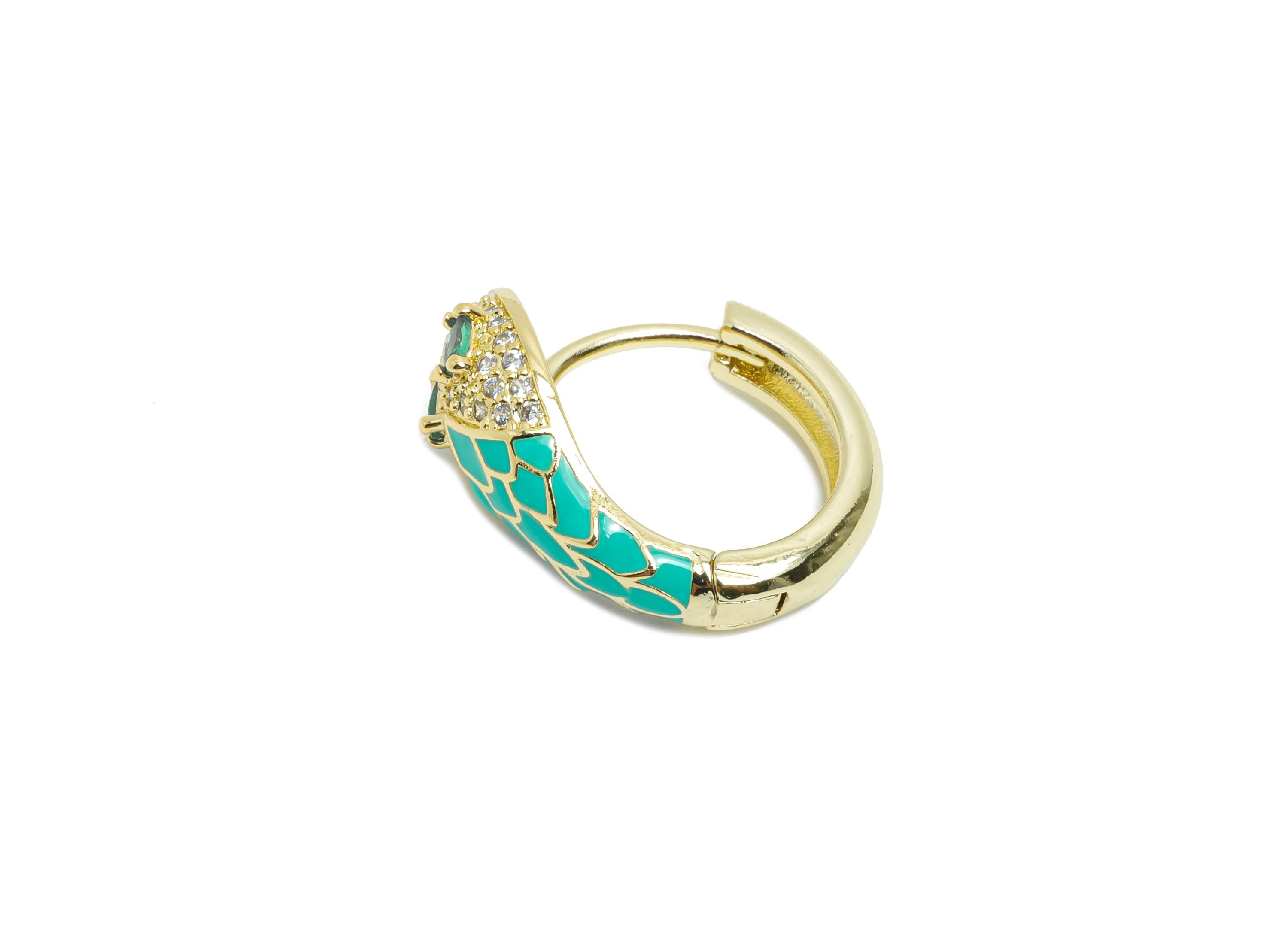 Snake Hoop Earring - Brass Green Enamel Huggie Hoop - Cubic Zircon Dainty Animal Hoop Earrings - 18K Real Gold Plating - 18x15x7mm - RGP9713 - DOMEDBAZAAR