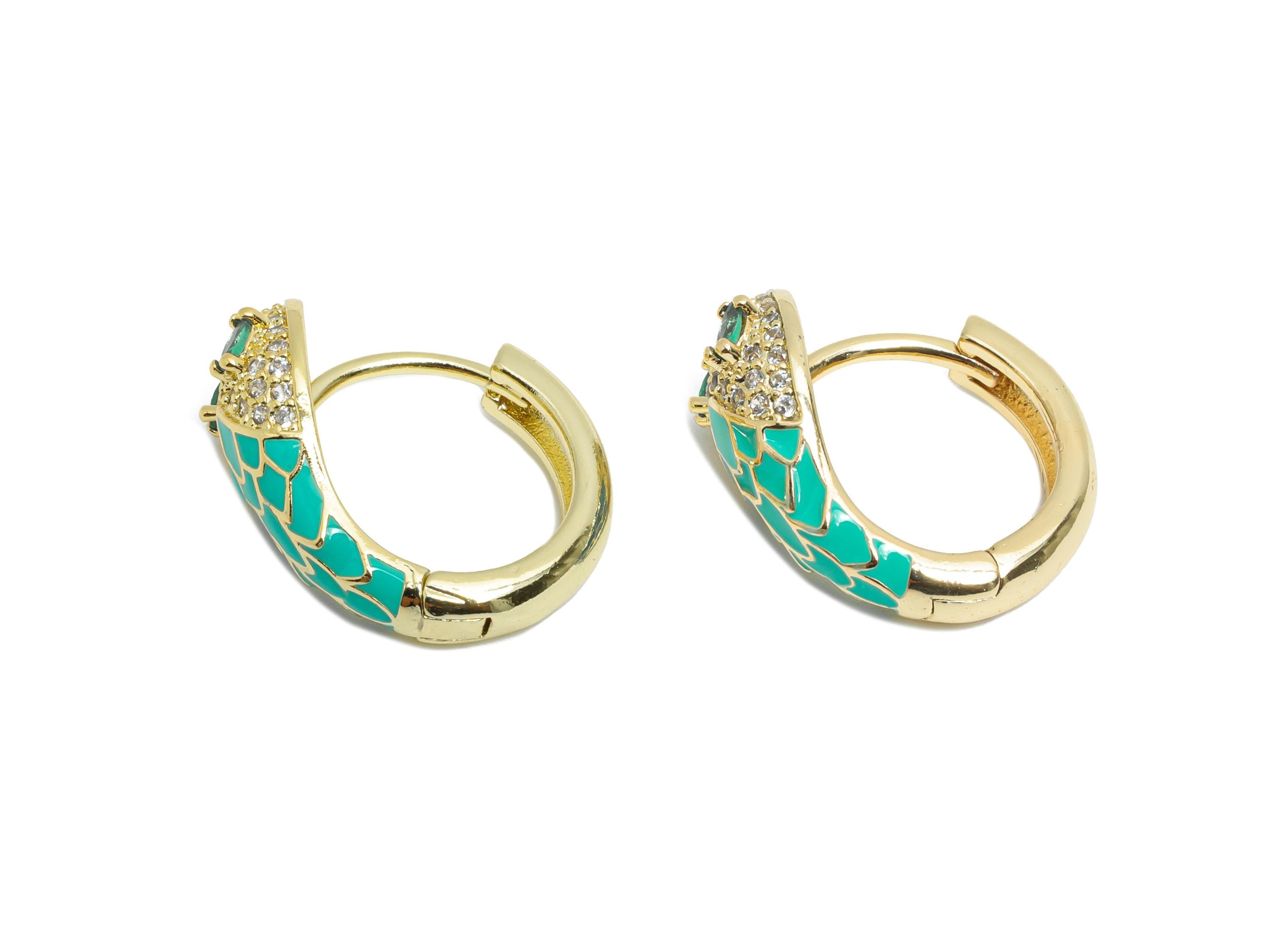 Snake Hoop Earring - Brass Green Enamel Huggie Hoop - Cubic Zircon Dainty Animal Hoop Earrings - 18K Real Gold Plating - 18x15x7mm - RGP9713 - DOMEDBAZAAR