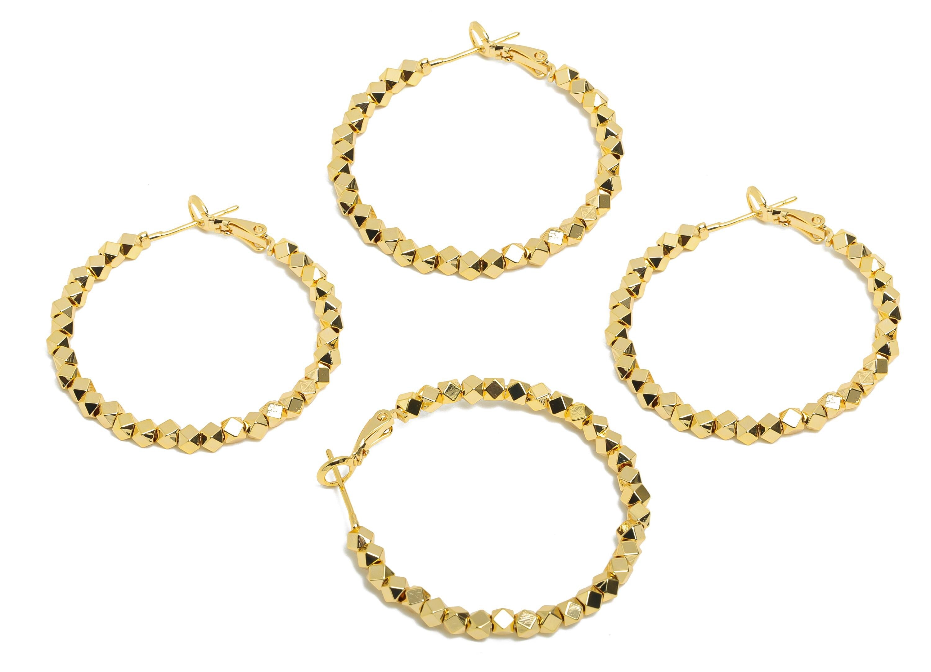 Faceted Bead Hoop Earring - Brass Polished Cubic Bead Clasp Back - Shiny Faceted Beads Earring - 18K Real Gold Plated - 40x38x2mm - RGP9637 - DOMEDBAZAAR