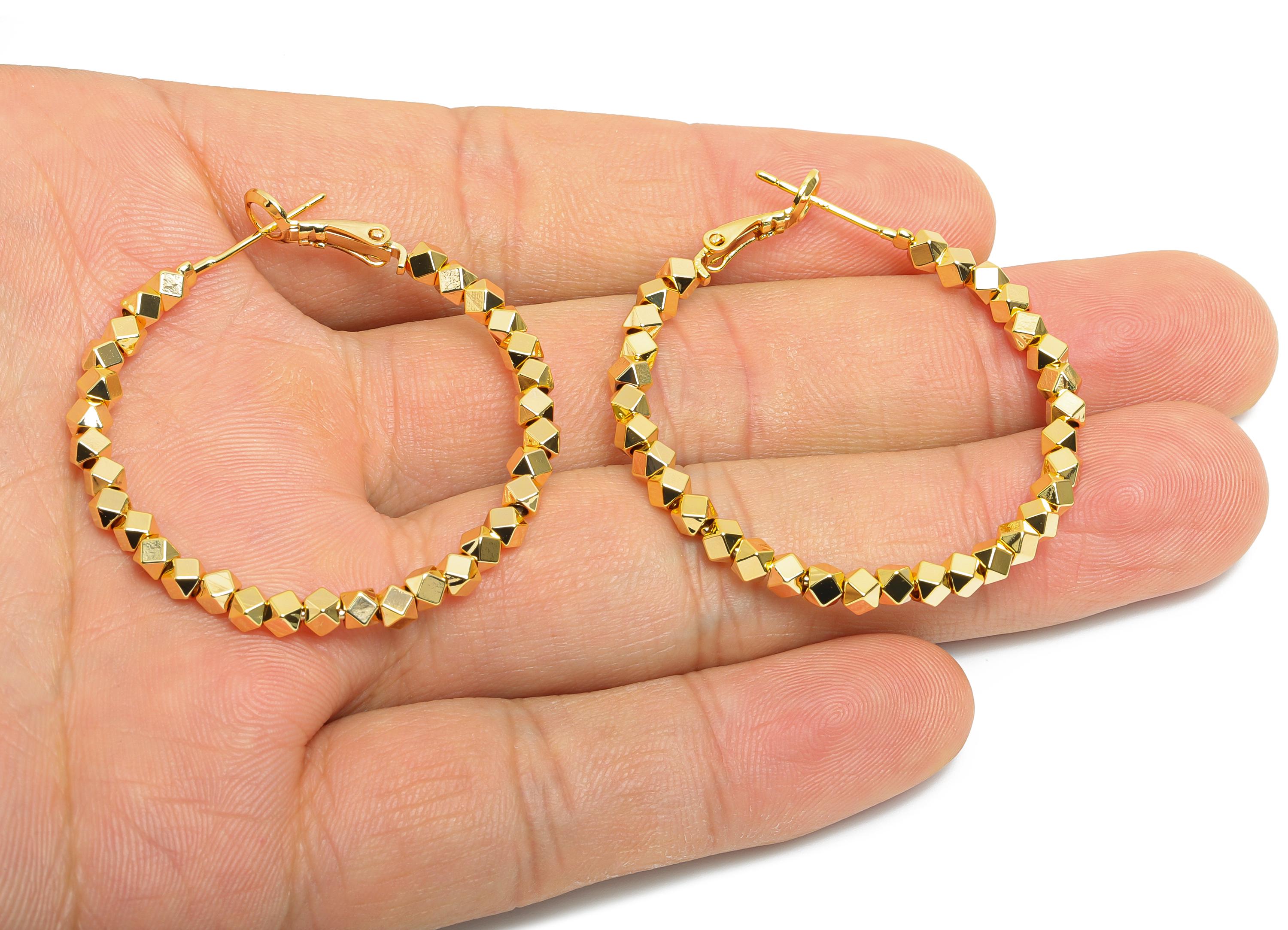 Faceted Bead Hoop Earring - Brass Polished Cubic Bead Clasp Back - Shiny Faceted Beads Earring - 18K Real Gold Plated - 40x38x2mm - RGP9637 - DOMEDBAZAAR