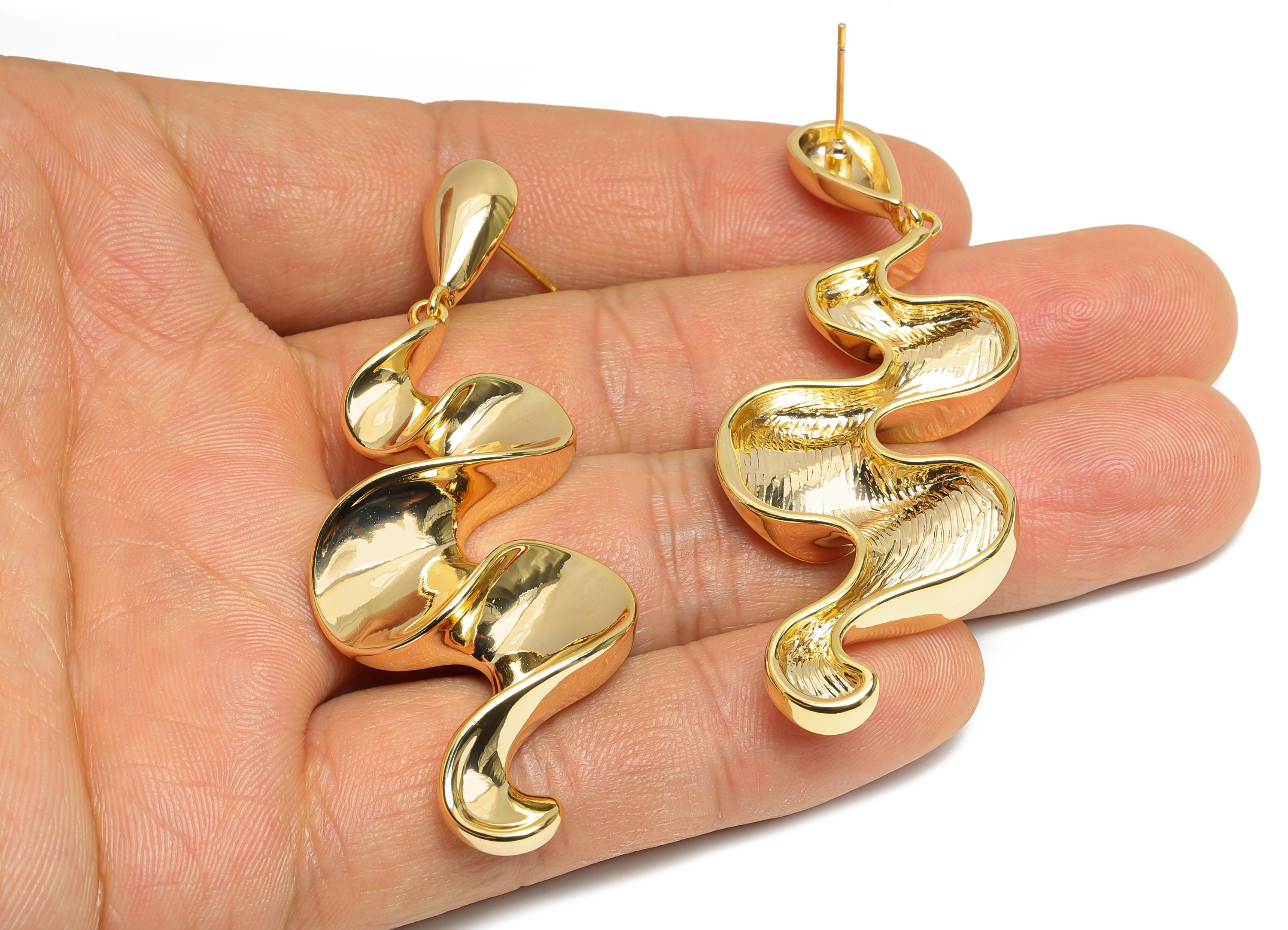 Abstract Spiral Drop Earring - Brass Dangling Earring Post - Bold Abstract Dainty Earring Stud - 18K Real Gold Plated - 68x24x7mm - RGP9645 - DOMEDBAZAAR