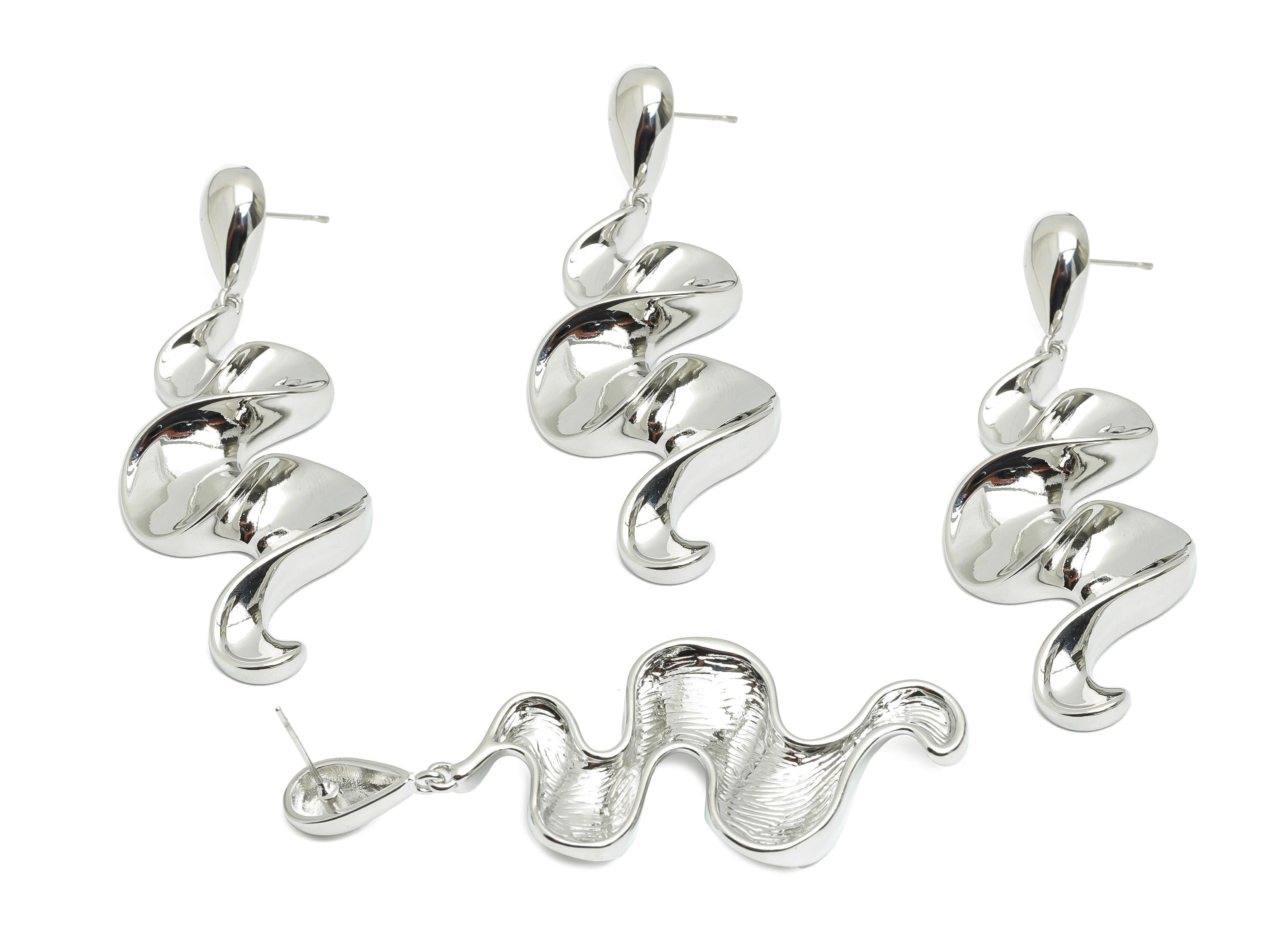 Abstract Spiral Drop Earring - Brass Dangling Earring Post - Bold Wavy Spiral Earring Stud - 18K Real White Gold Plated - 68x24x7mm-RGP9645S - DOMEDBAZAAR