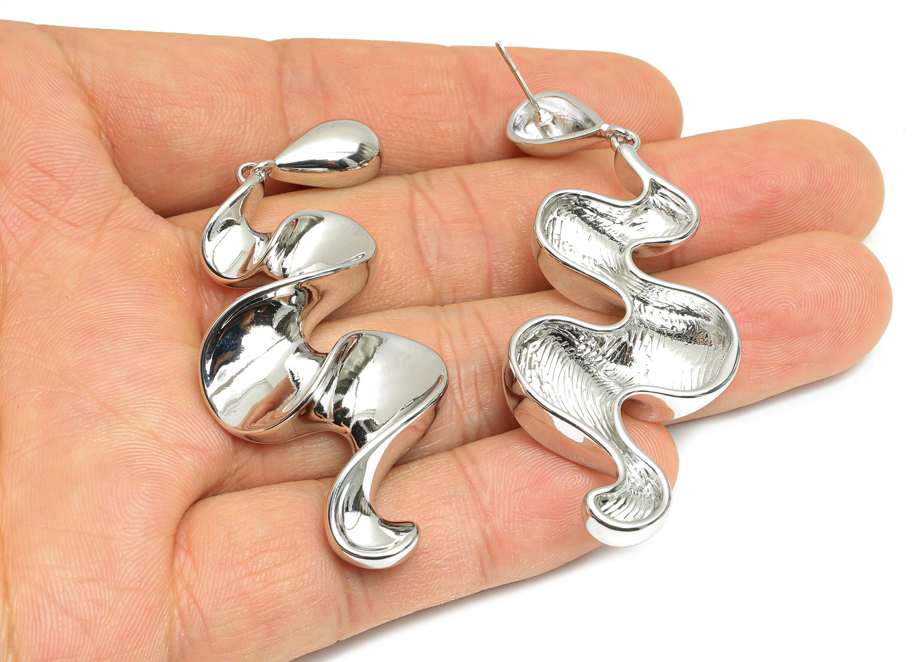 Abstract Spiral Drop Earring - Brass Dangling Earring Post - Bold Wavy Spiral Earring Stud - 18K Real White Gold Plated - 68x24x7mm-RGP9645S - DOMEDBAZAAR
