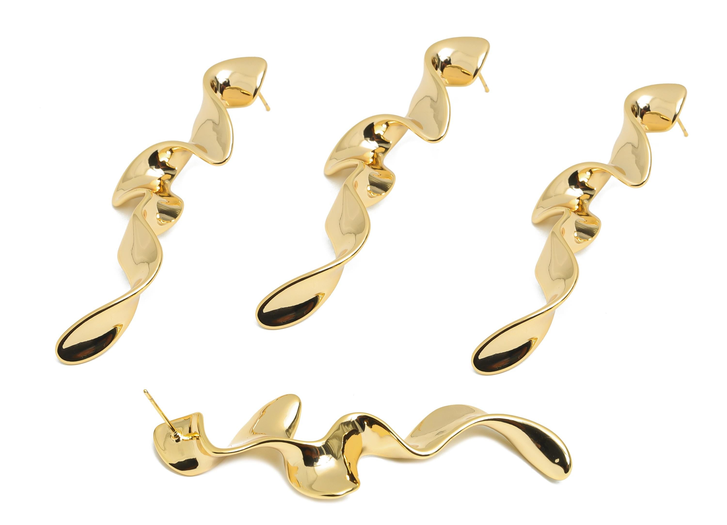 Curvy Abstract Earring Stud - Brass Twisted Gold Earring Post - Golden Ripple Earring Stud - 18K Real Gold Plated - 68x24x6.7mm - RGP9646 - DOMEDBAZAAR