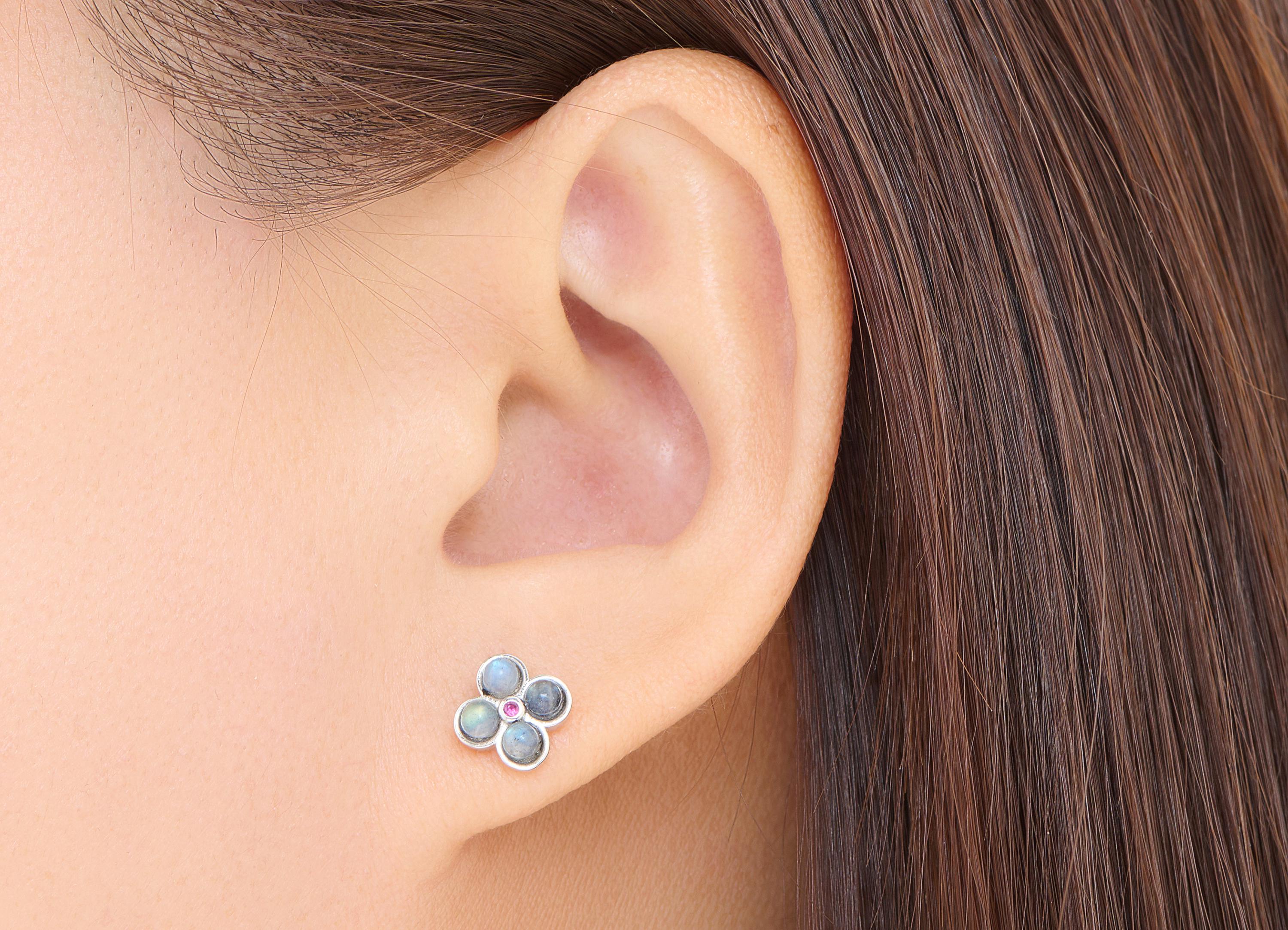 Moonstone Brass Flower Studs - Four-Leaf Clover Gem Earring Posts - Jewelry Making - Silver Stud - White K Plated - 9.5x7.9x3.9mm - NS2604 - DOMEDBAZAAR