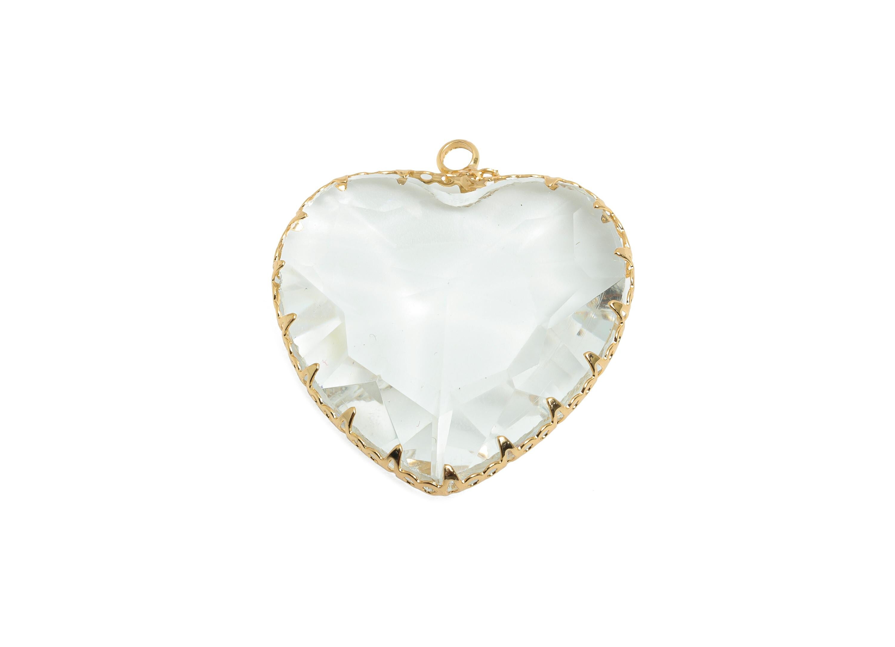 Glass Heart Earring Charms - Brass Sparking Frame Pendant - Romantic Heart Charm - Faceted Glass - Gold Tone Plated - 31x27.94x9mm - GS1163B - DOMEDBAZAAR