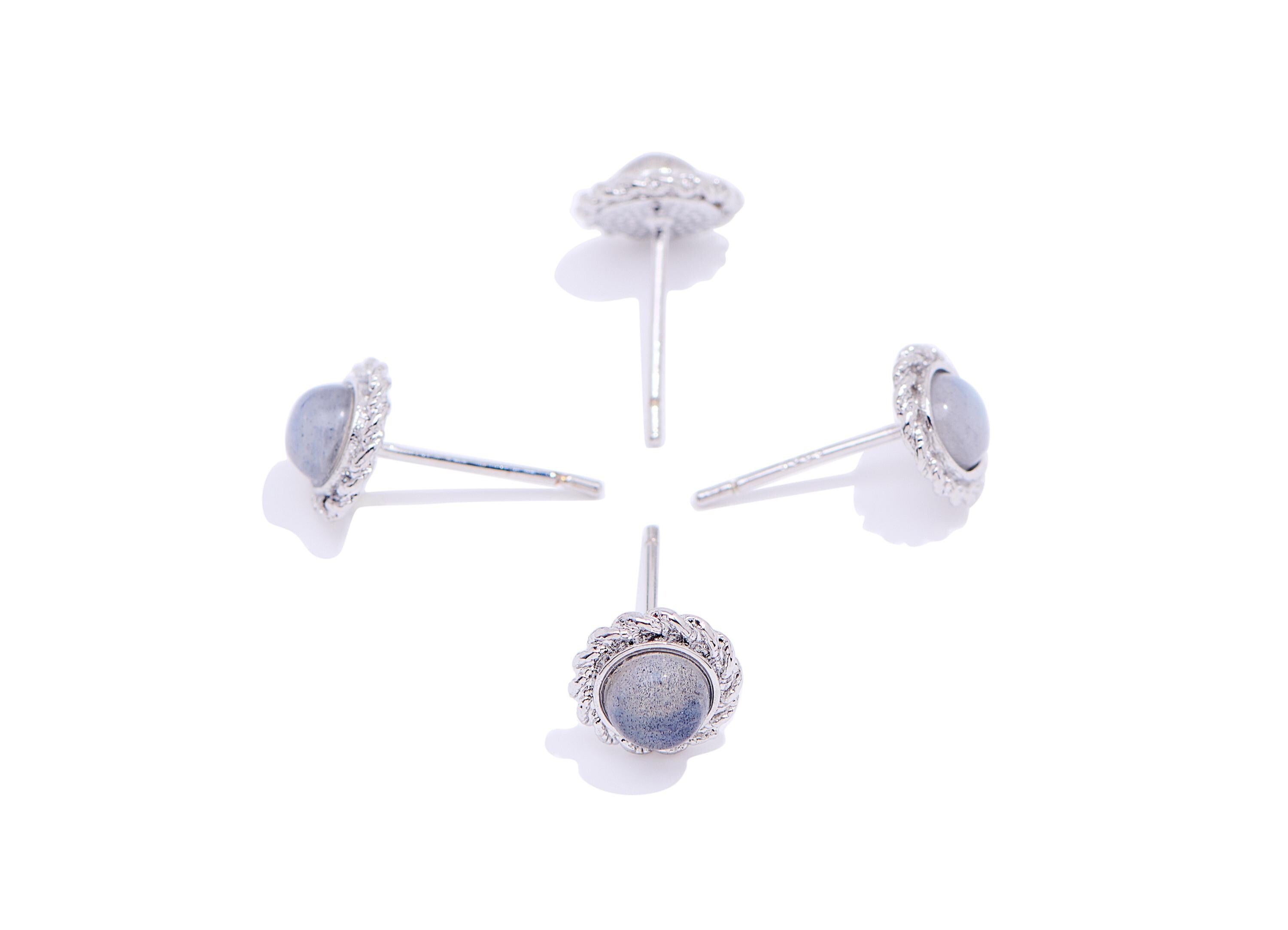 Moonstone Brass Flower Studs - Textured Round Gemstone Posts - Modern Jewelry Making - Silver Stud - White K Plated - 8.26x8.26x3mm - NS2660 - DOMEDBAZAAR