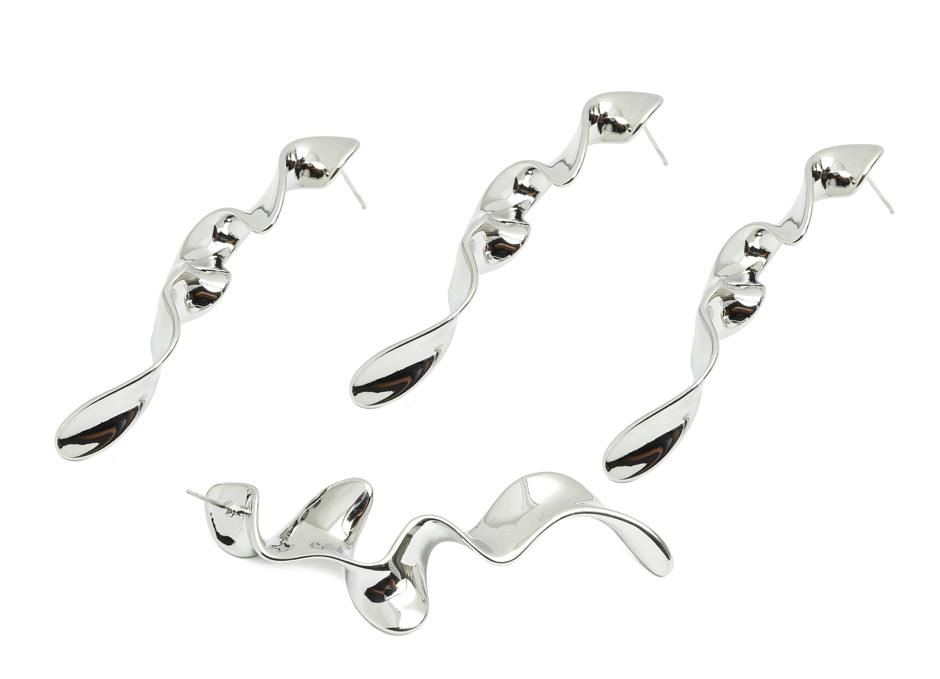 Curvy Abstract Earring Stud - Brass Twisted Gold Earring Post - Ripple Earring Stud - 18K Real White Gold Plated - 68x24x6.7mm - RGP9646S - DOMEDBAZAAR