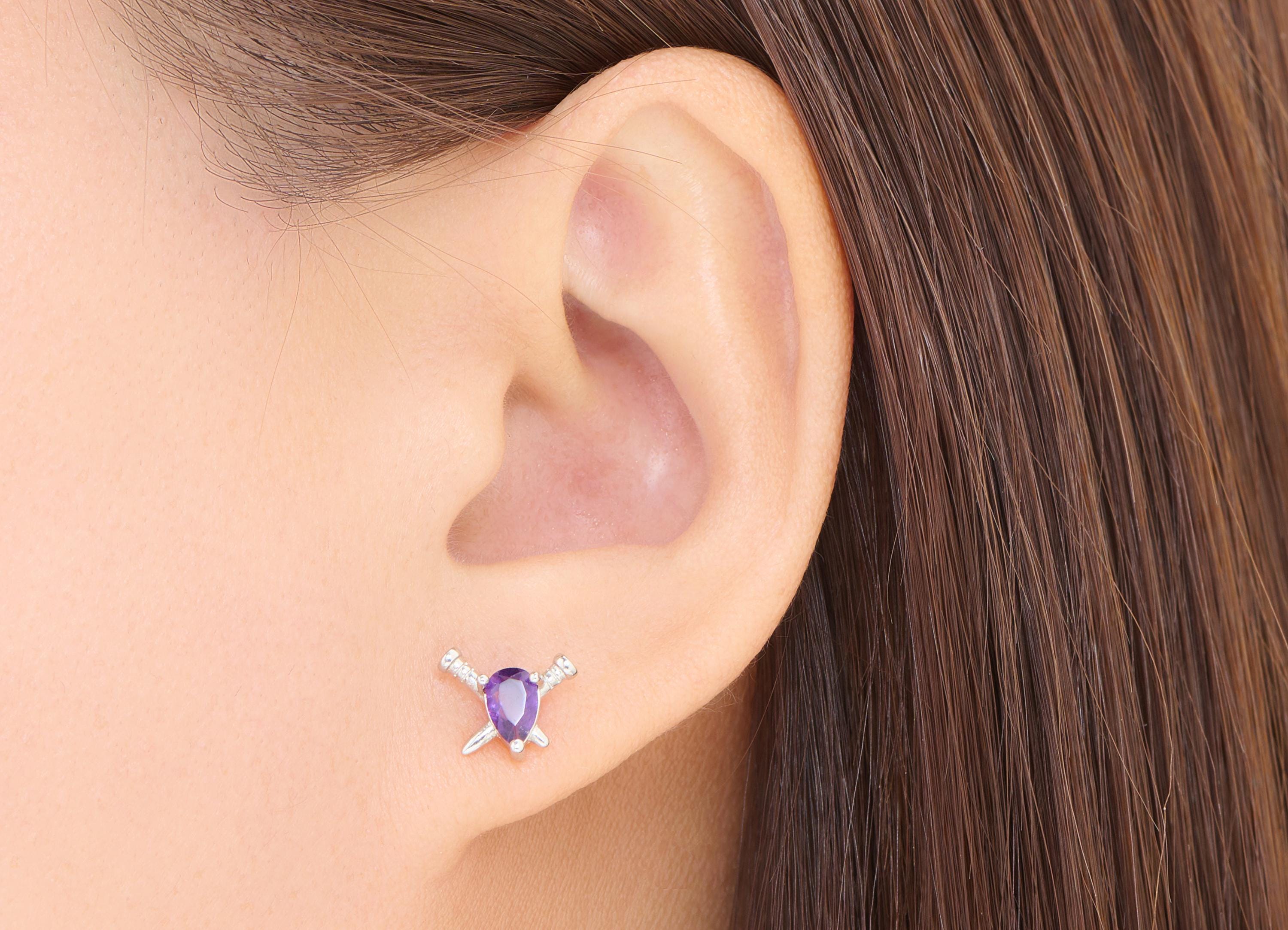 Amethyst Brass Sword Studs - Double Sword Cross Gem Posts - Unique Jewelry Making - Silver Stud - White K Plated - 10.66x8.62x4mm - NS2650 - DOMEDBAZAAR