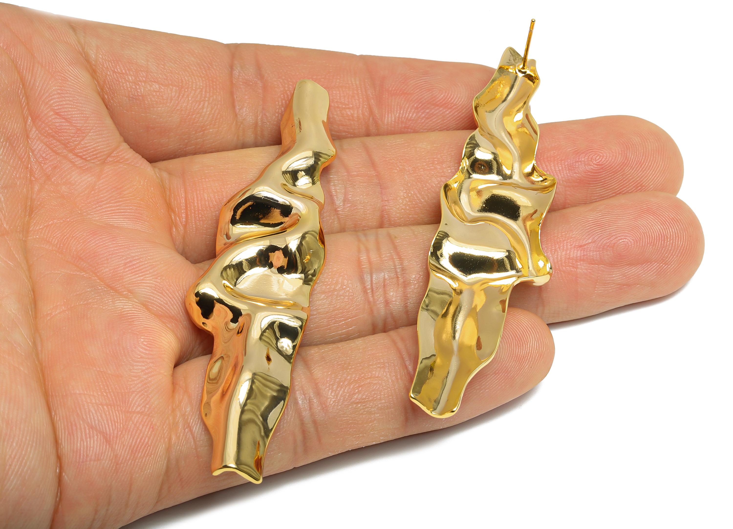 Bold Artistic Earring Stud - Brass Shiny Ripple Earring Post - Organic Gold Drop Earring Stud - 18K Real Gold Plated - 71x18x3.8mm - RGP9687 - DOMEDBAZAAR