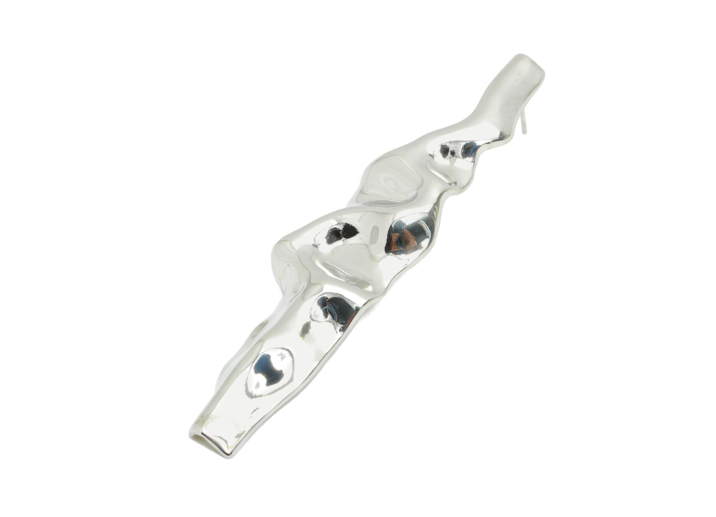 Bold Artistic Earring Stud - Brass Shiny Ripple Earring Post - Organic Drop Earring Stud - 18K Real White Gold Plated - 71x18x3mm - RGP9687S - DOMEDBAZAAR