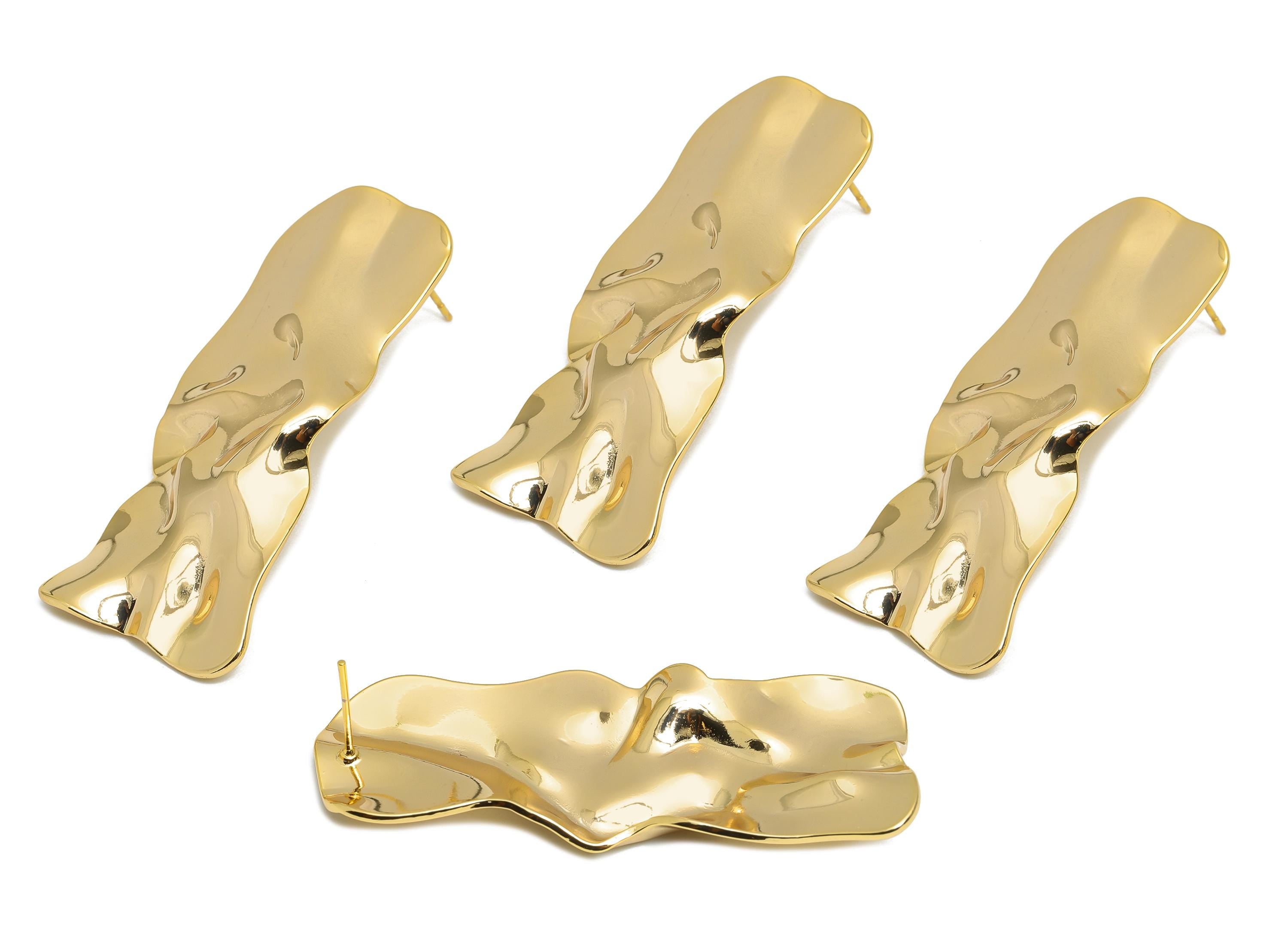 Bold Artistic Earring Stud - Brass Luxury Artistic Jewelry - Abstract Wavy Gold Earring Post - 18K Real Gold Plated - 55x21x3mm - RGP9647 - DOMEDBAZAAR