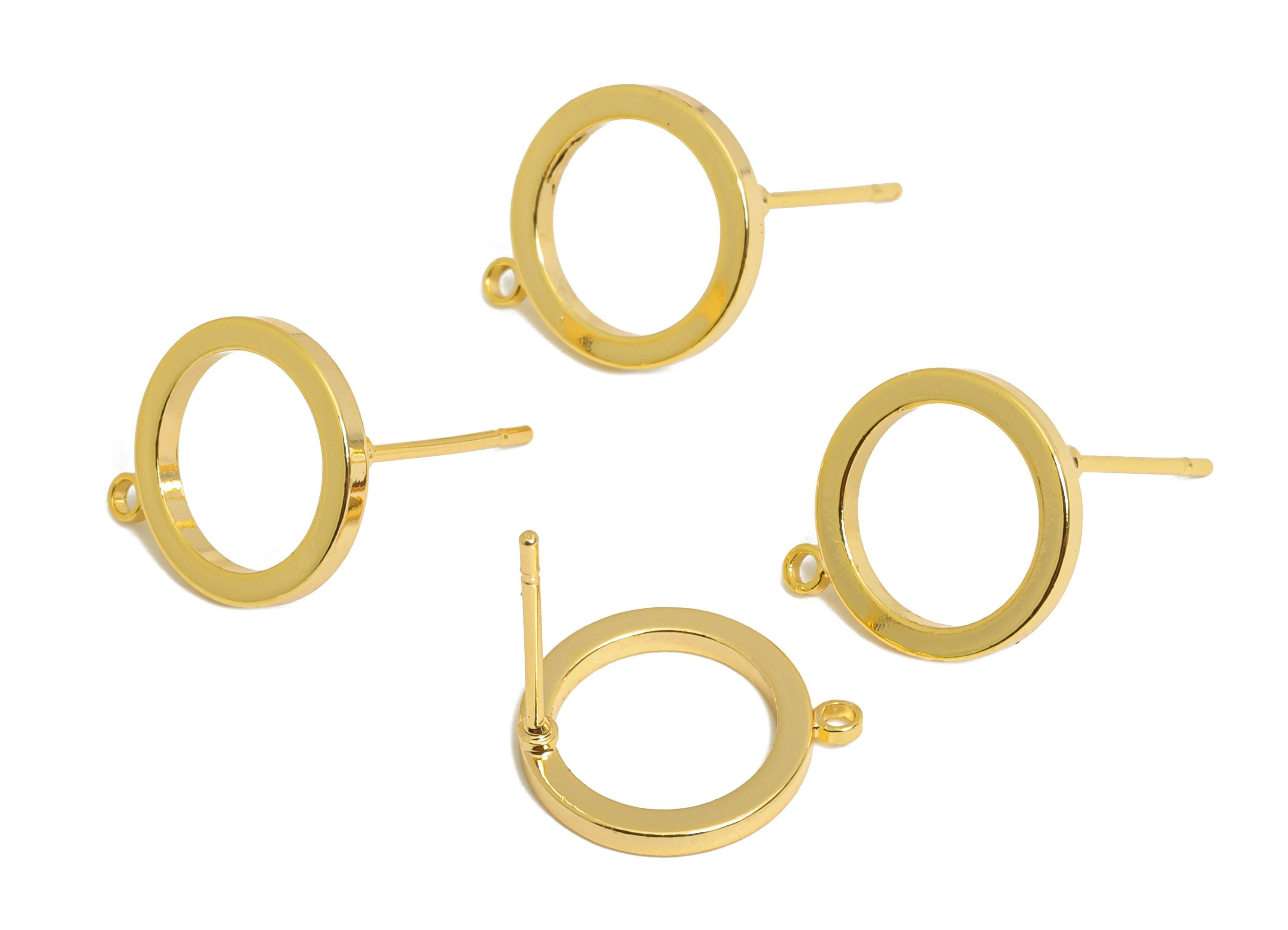 14mm Ring Stud - Brass Minimalist Earring With Loop - Customizable Circle Earring Base - 18K Real Gold Plated - 14x11x1.44mm - RGP9644 - DOMEDBAZAAR