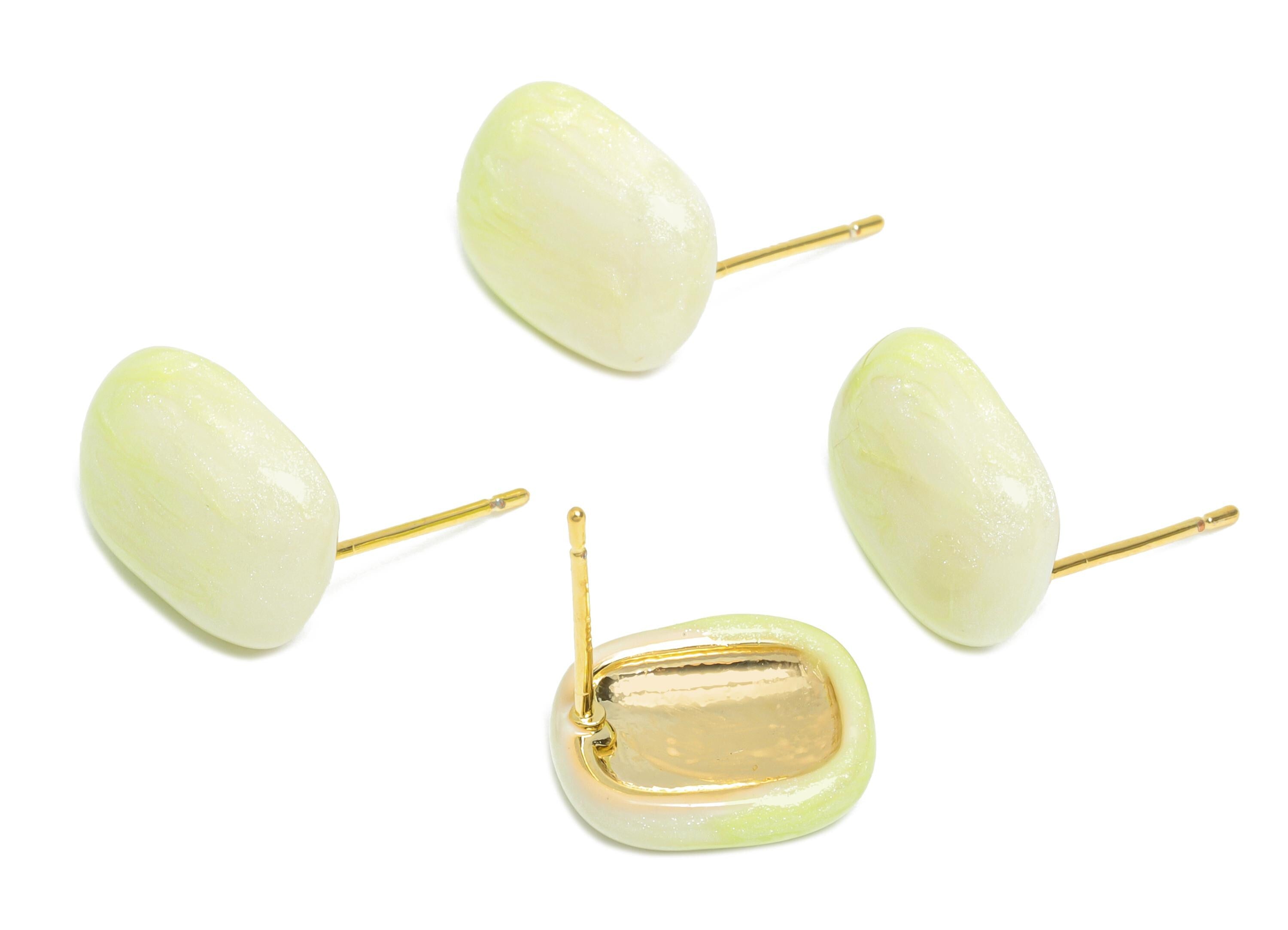 Oval Enamel Earring Stud - Green Brass Chic Oval Stud Earring - Minimalist Enamel Earring Post- 18K Gold Plated -13.58x10.72x0.74mm-RGP9608D - DOMEDBAZAAR