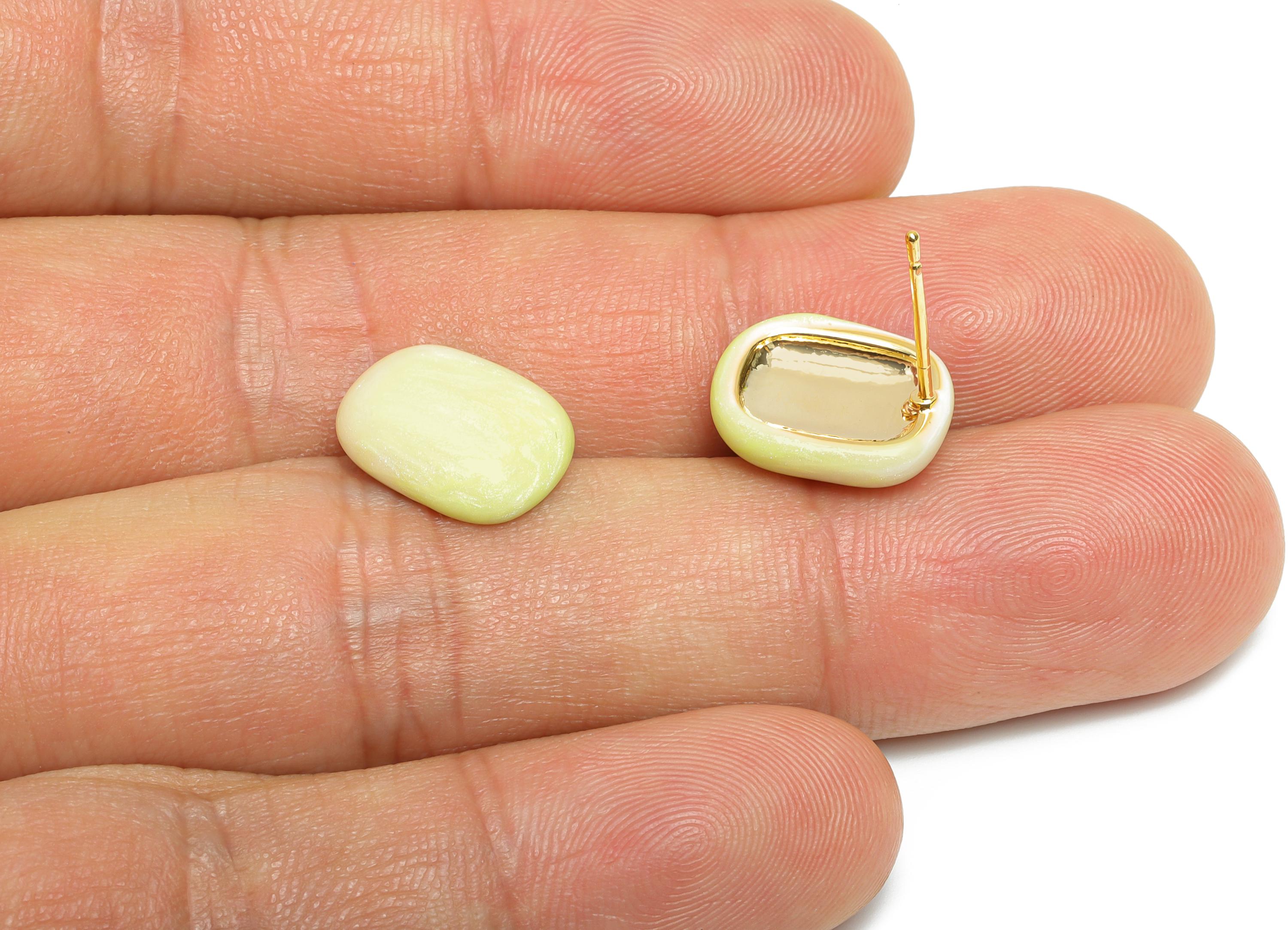 Oval Enamel Earring Stud - Green Brass Chic Oval Stud Earring - Minimalist Enamel Earring Post- 18K Gold Plated -13.58x10.72x0.74mm-RGP9608D - DOMEDBAZAAR