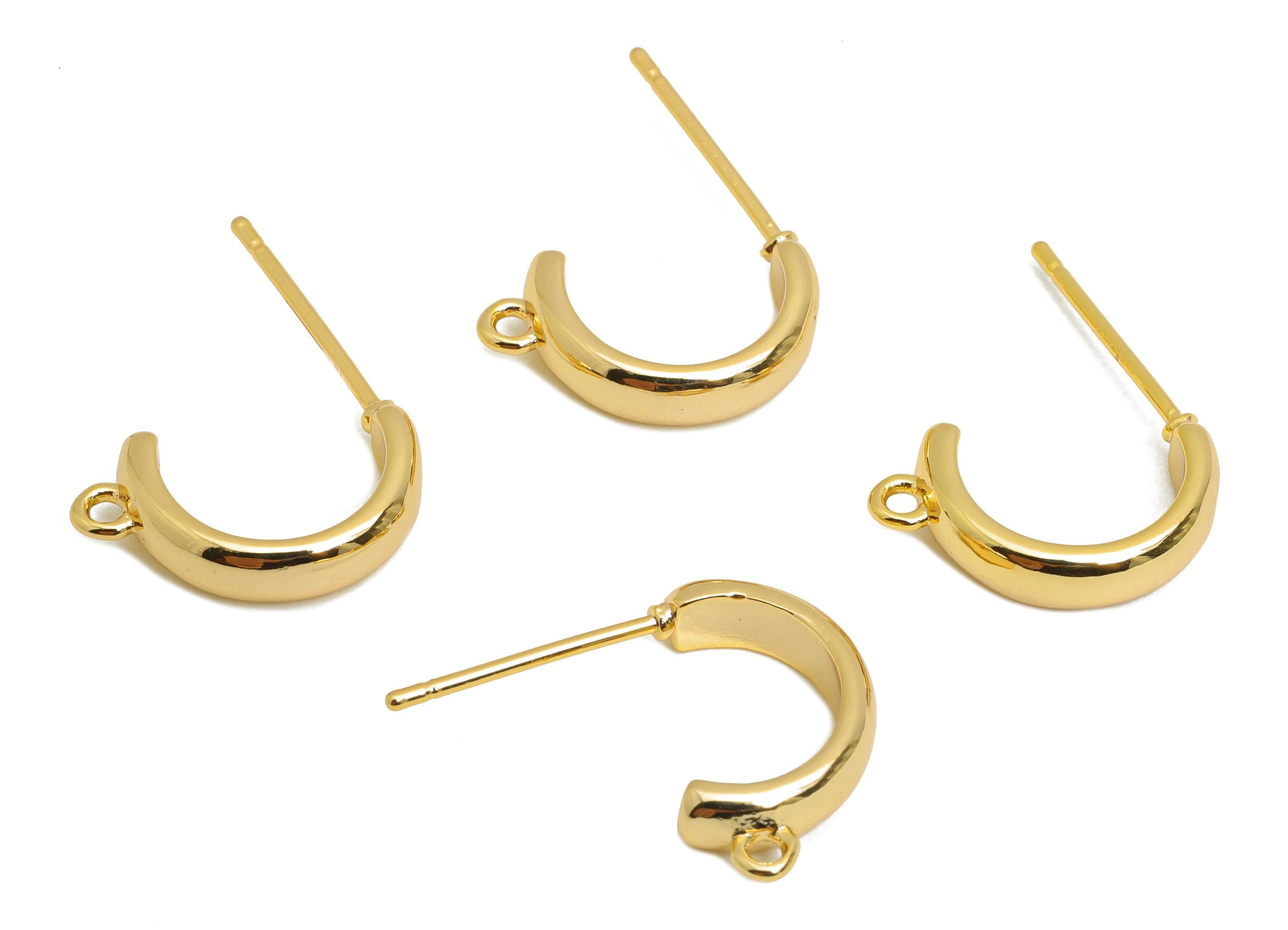 Brass Hoop Earring - Brass Mini C Hoop Earring Post With Loop - Customizable Shiny Earring Base - 18K Real Gold Plated - 14x8x3mm - RGP9656 - DOMEDBAZAAR