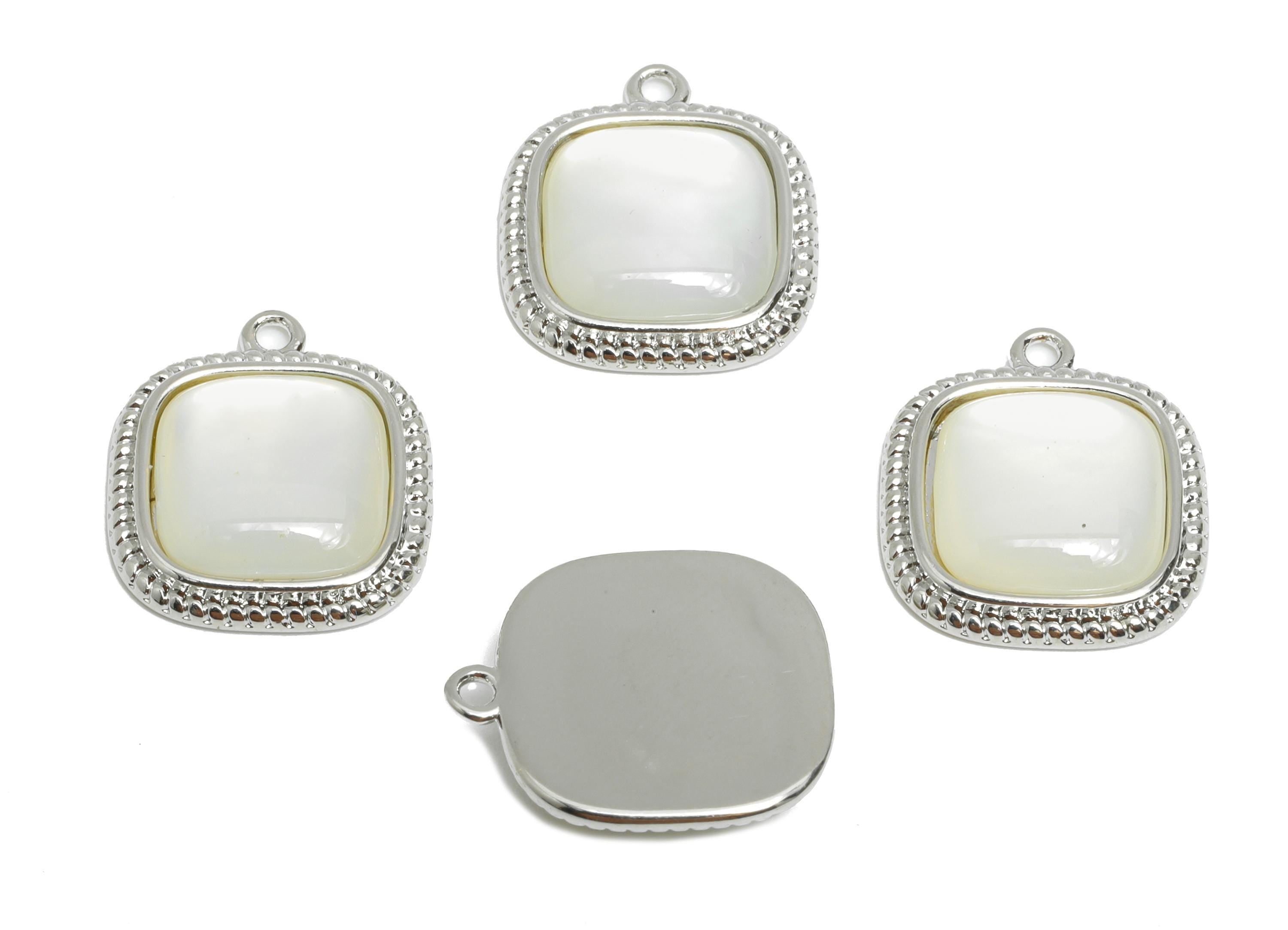 Brass Square Earring Charm - Silver Seashell Pendant for Necklace - Textured Square Charm - 18K White Gold-Plated - 15.8x13.7x3.6mm -RGP9551 - DOMEDBAZAAR