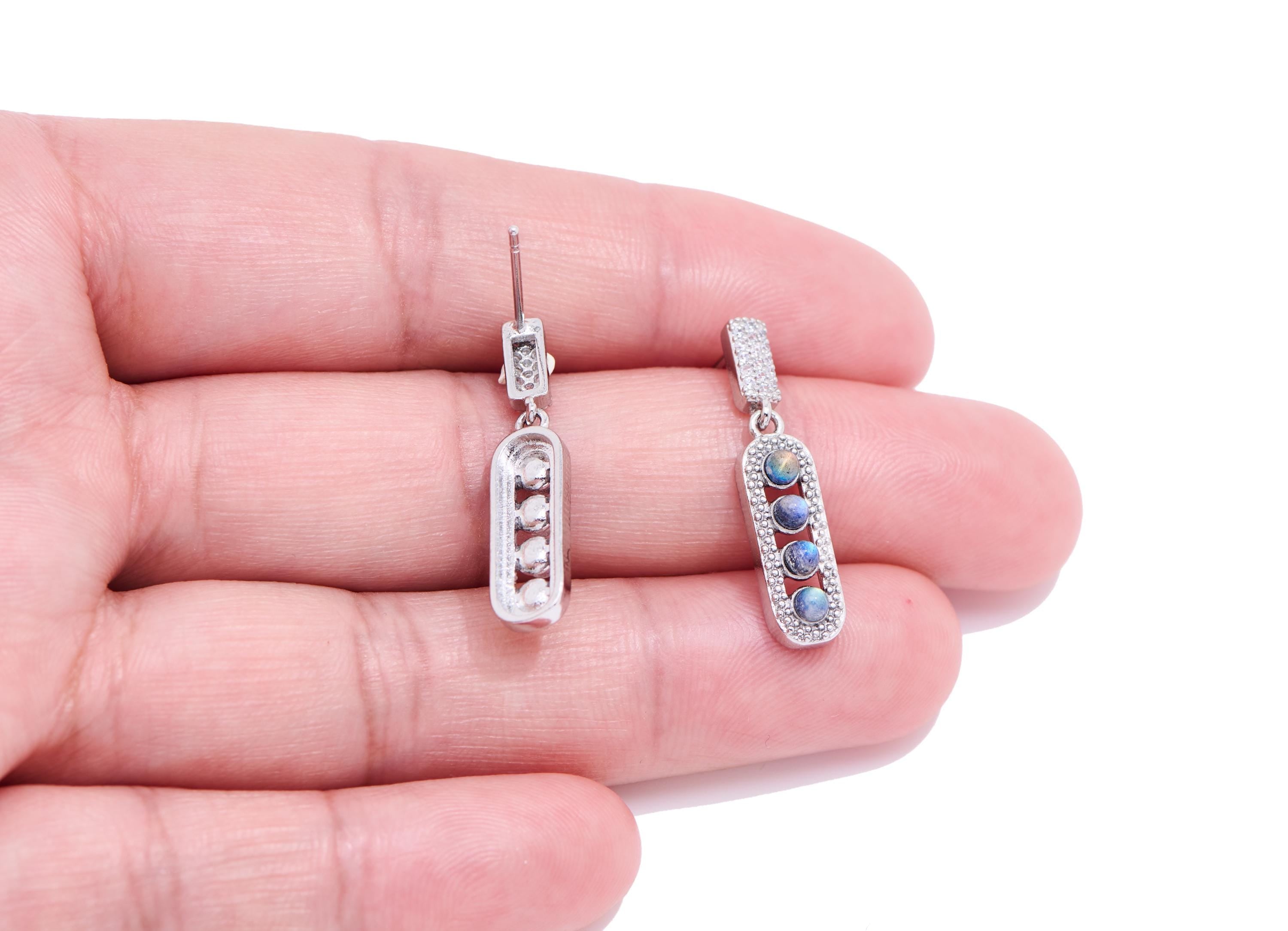 Moonstone Brass Dangle Rectangle Stud - Chic Zircon Geometric Gemstone Post - Jewelry Making - Silver Stud - White K Plated -26x6x4mm-NS2597 - DOMEDBAZAAR