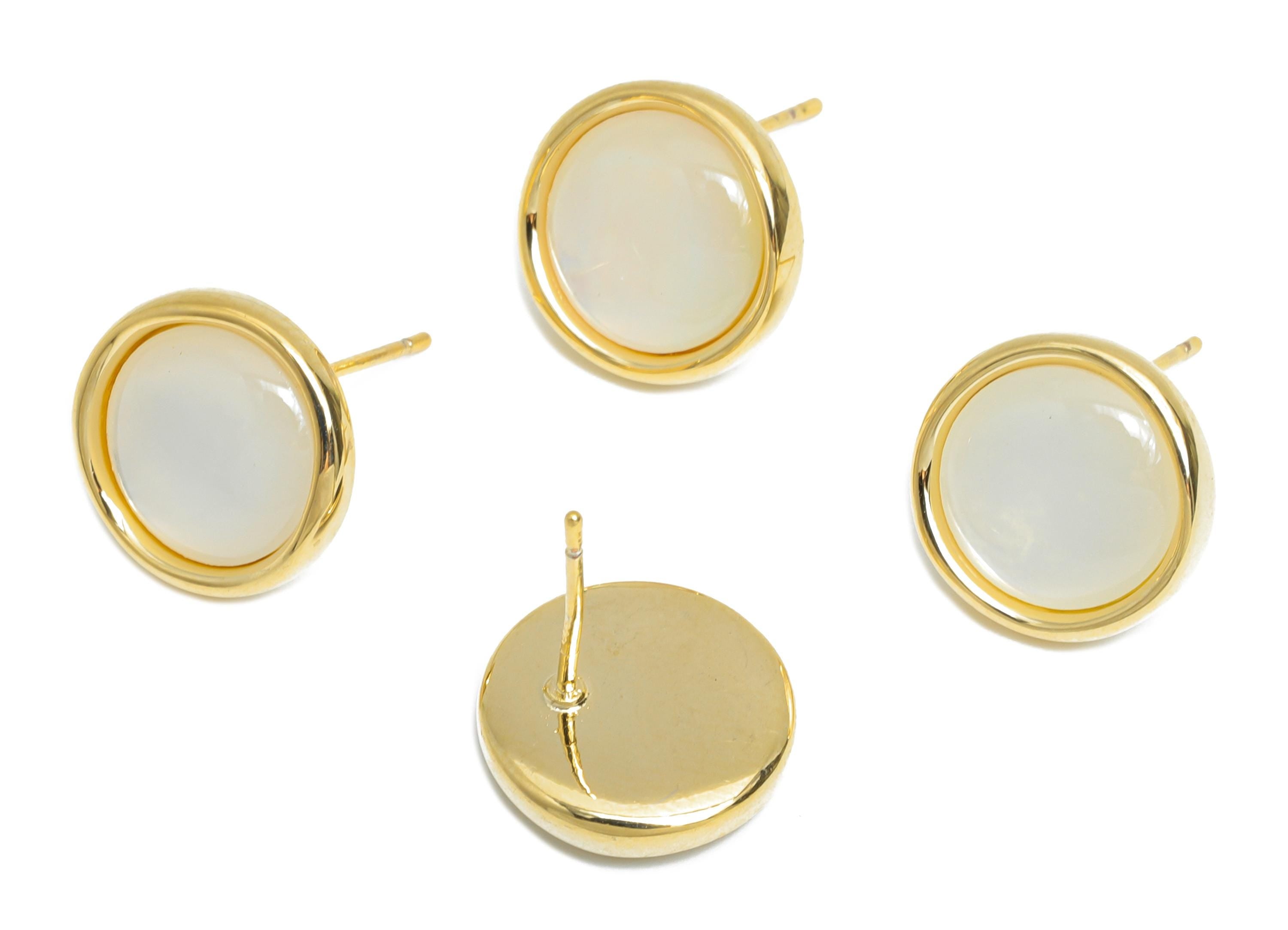 Sparkling Circle Earrings - Brass Round Seashell Earrings - Refined Gold Earring Post - 18K Real Gold Plated - 12.35x12.44x0.77mm - RGP9593 - DOMEDBAZAAR