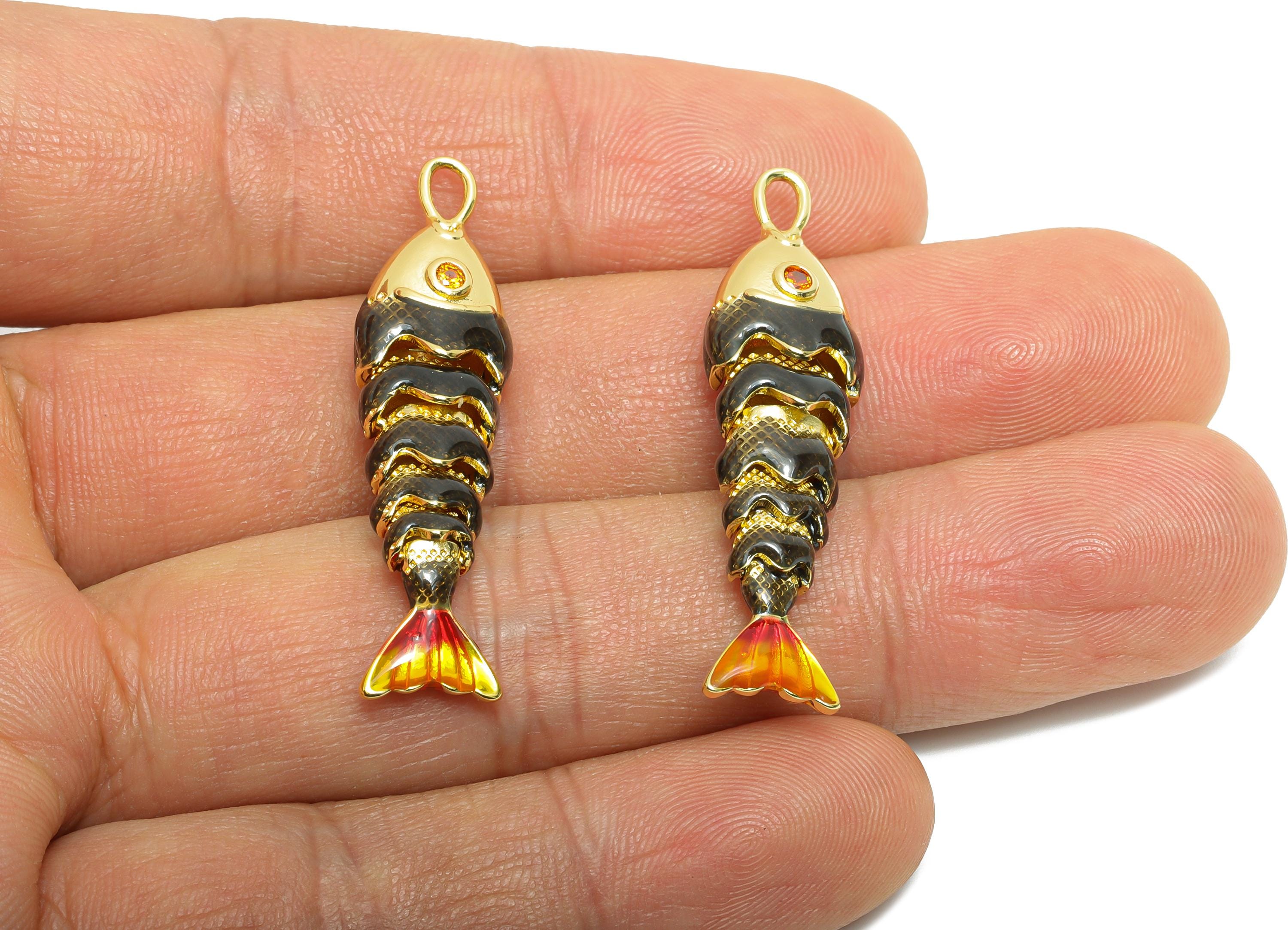 Dainty Cloisonne Enamel Fish Charm - Brass Movable Fish Charm - CZ Handmade Articulated Fish - 18K Real Gold Plating - 40x10x7mm - RGP10441 - DOMEDBAZAAR