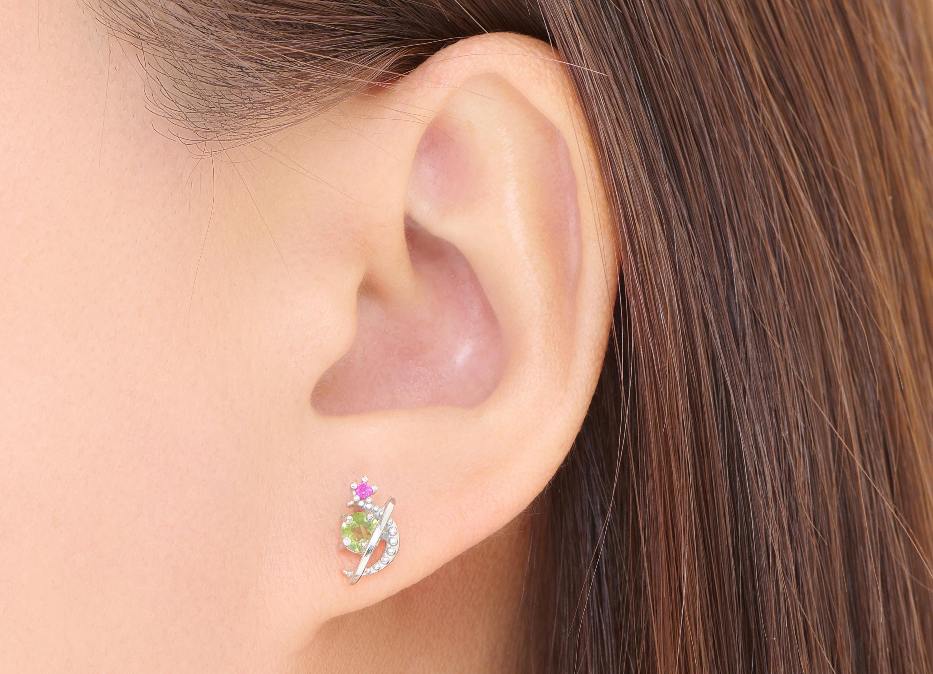 Brass Olivine Crescent Planet Stud - Silver Gemstone Earring Post - Refined Jewelry Making - Silver Stud - White K Plated - 11x6x5mm -NS2616 - DOMEDBAZAAR