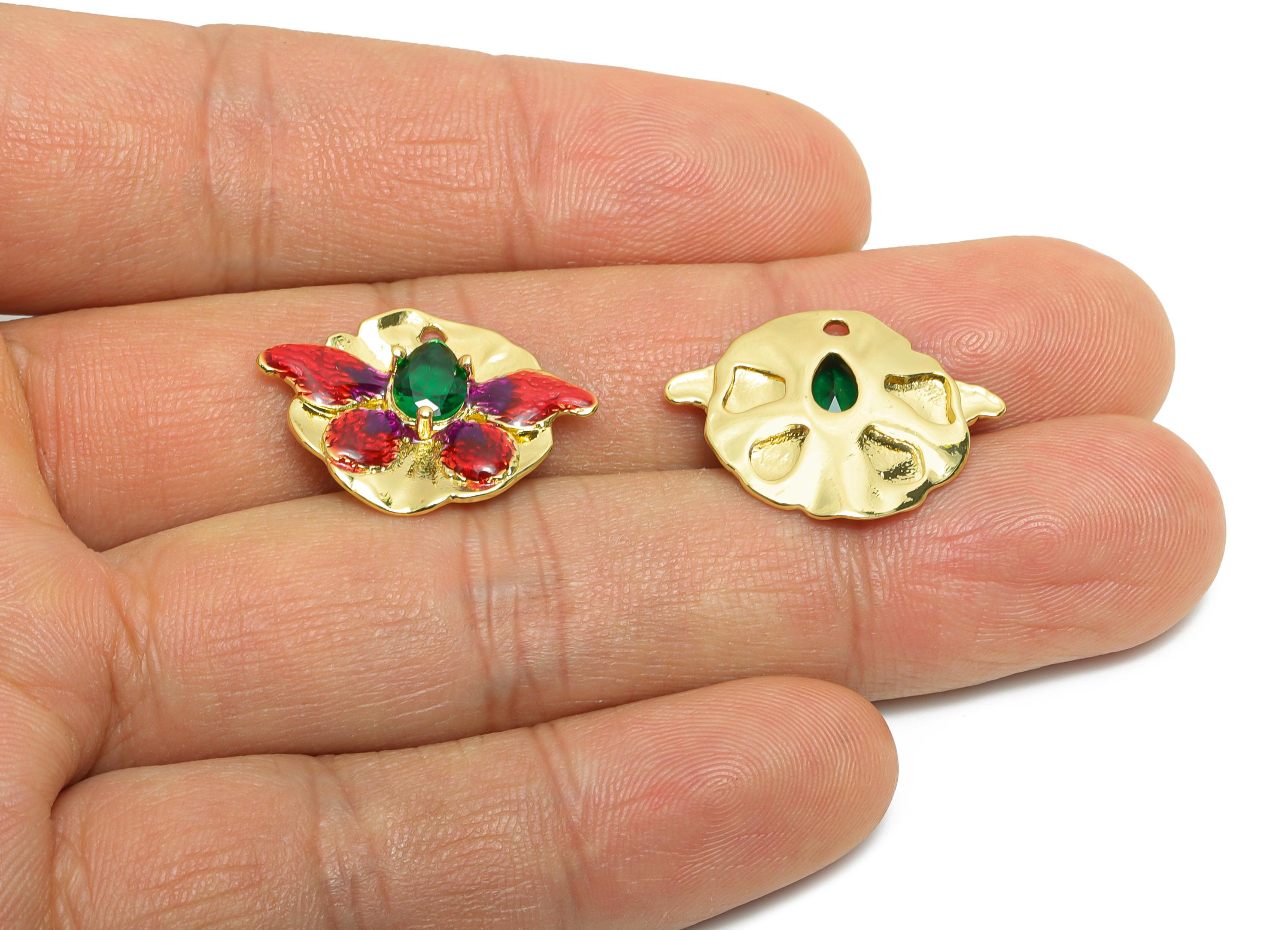 Teardrop Butterfly Charm - Brass Colorful Enamel Fish Charm - Red Enamel Butterfly Pendant - 18K Real Gold Plating - 23x17.52x3mm - RGP10448 - DOMEDBAZAAR