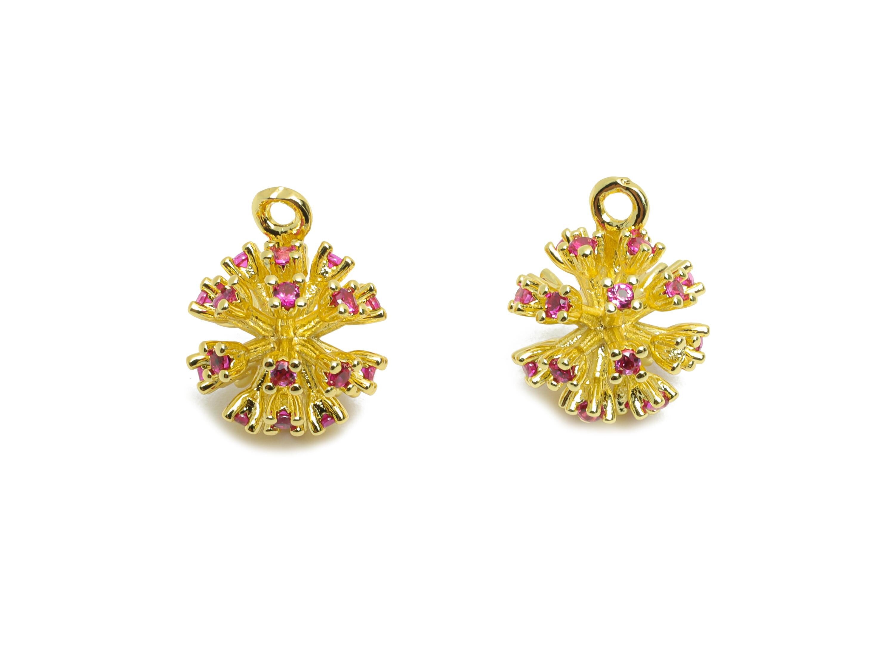 Brass Flower Earring Charm - Textured Gold Snowflake Ball Charm - Dainty CZ Jewelry - 18K Real Gold Plated - 13.23x10.65x10.65mm - RGP10457 - DOMEDBAZAAR