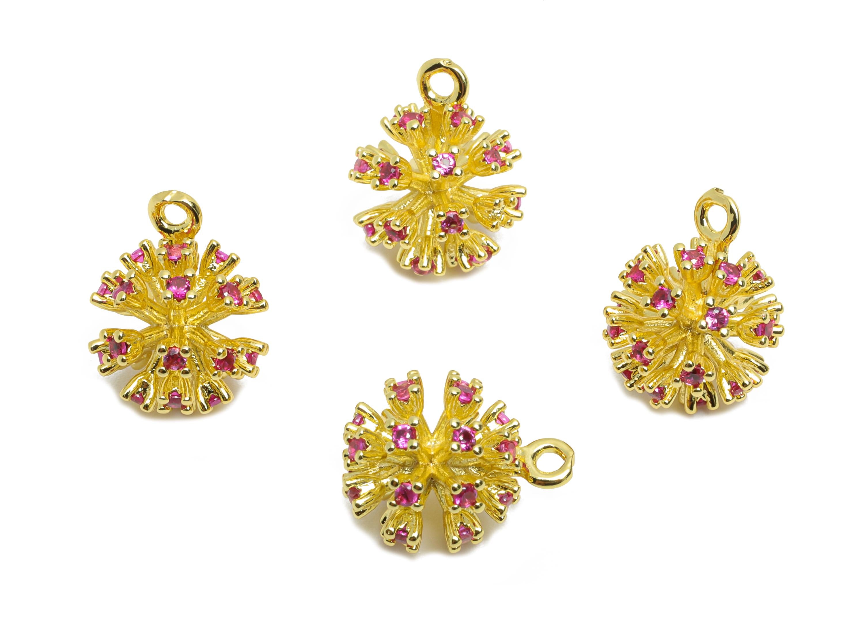 Brass Flower Earring Charm - Textured Gold Snowflake Ball Charm - Dainty CZ Jewelry - 18K Real Gold Plated - 13.23x10.65x10.65mm - RGP10457 - DOMEDBAZAAR