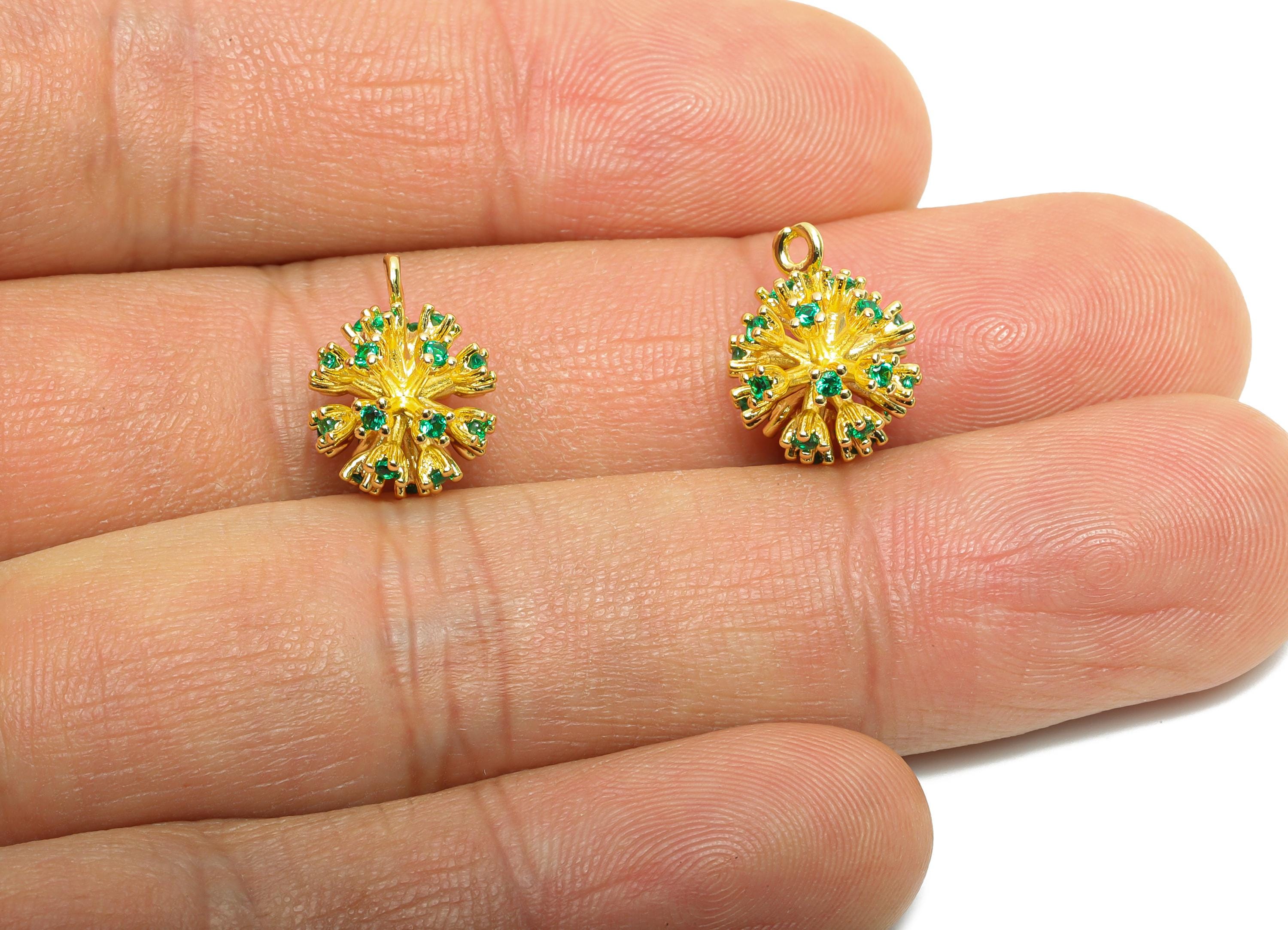 Brass Flower Earring Charm - Textured Gold Snowflake Ball Charm - Dainty CZ Jewelry - 18K Real Gold Plated - 13.23x10.65x10.65mm - RGP10458 - DOMEDBAZAAR