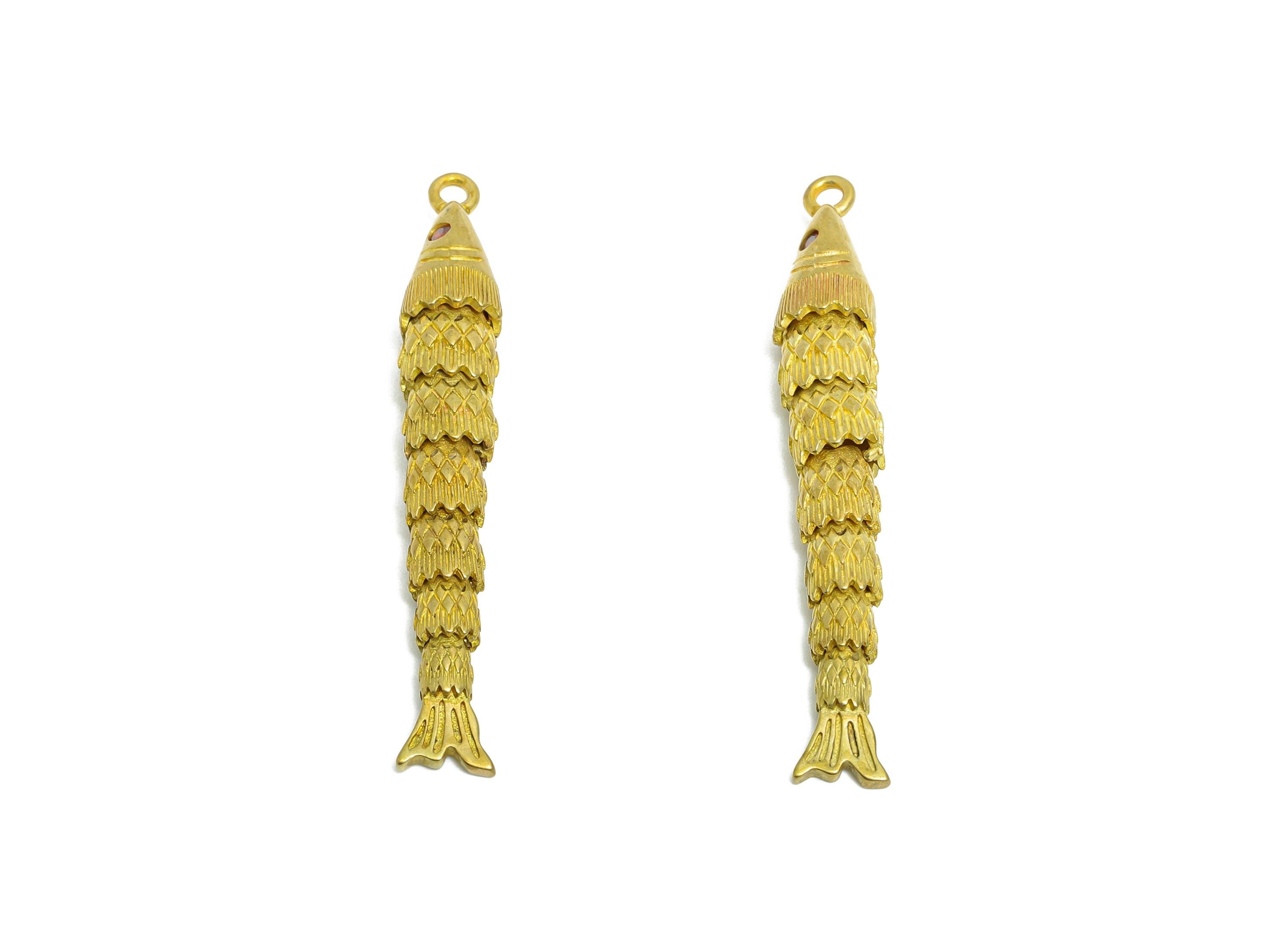 Movable 3D Articulated Fish Charm - Marine Pendant - Brass Zircon Fish Charm - DIY Bracelet Necklace Jewelry Making - 49x7x6mm - PP11128 - DOMEDBAZAAR