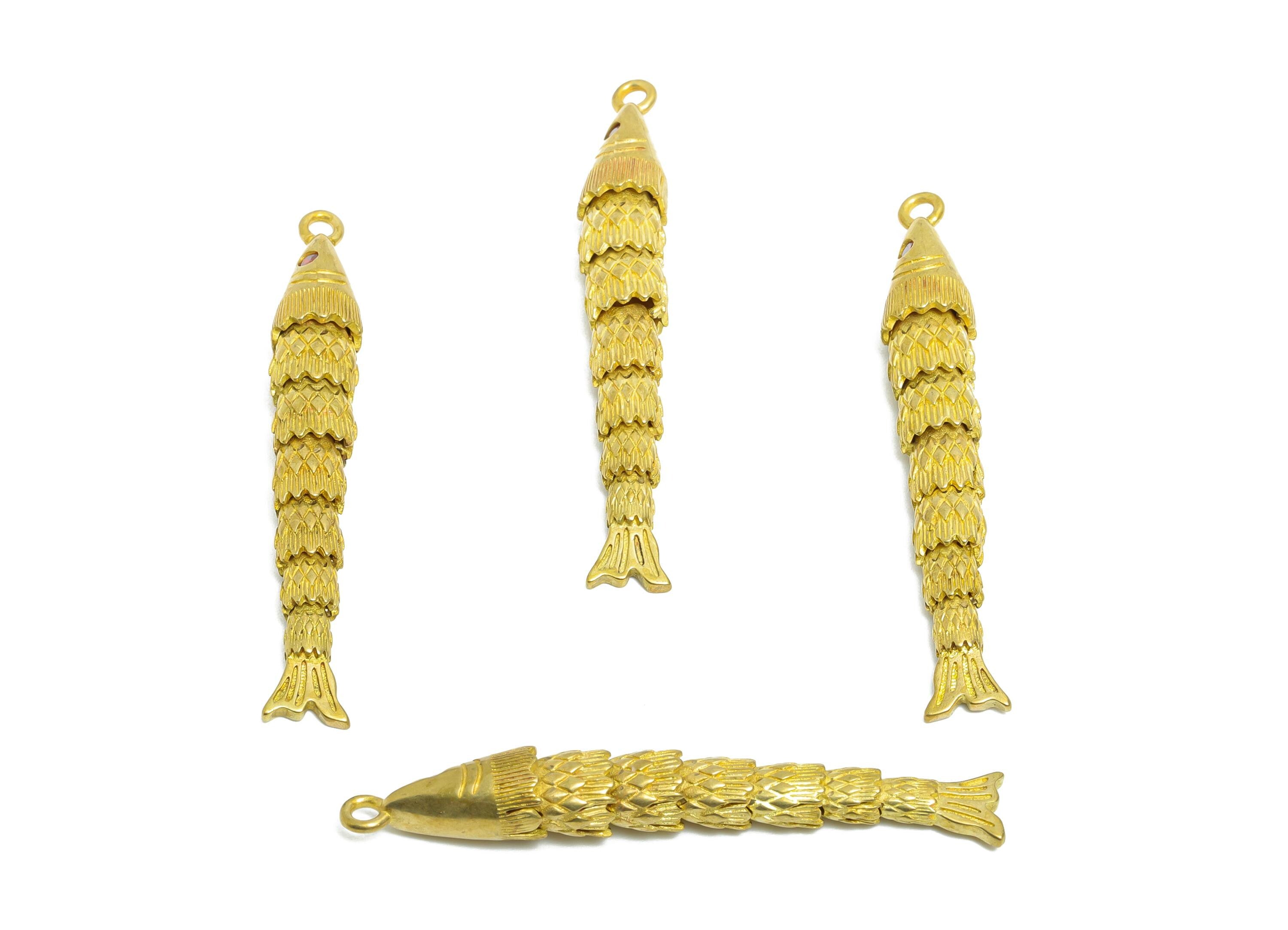 Movable 3D Articulated Fish Charm - Marine Pendant - Brass Zircon Fish Charm - DIY Bracelet Necklace Jewelry Making - 49x7x6mm - PP11128 - DOMEDBAZAAR