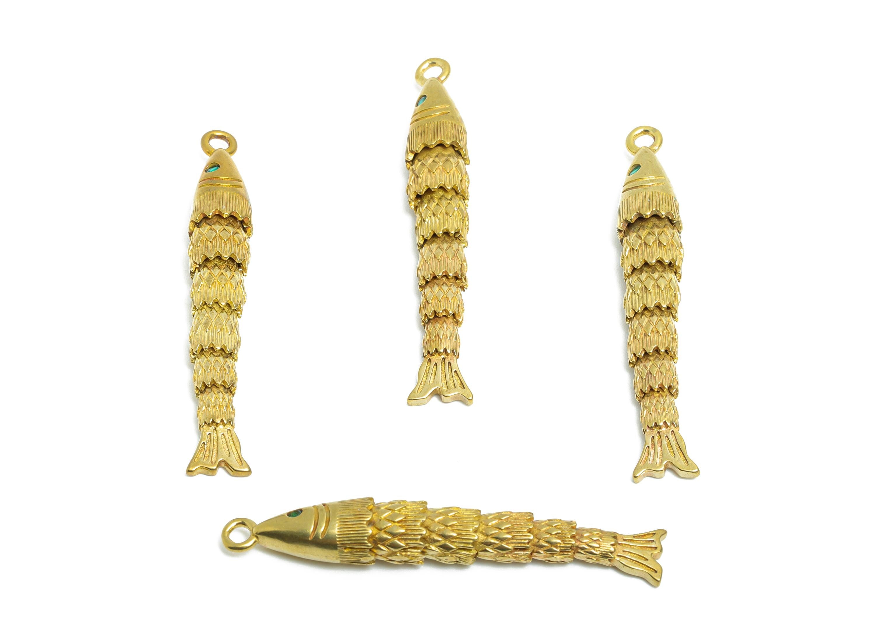 Movable 3D Articulated Fish Charm - Brass Green Zircon Fish Charm - DIY Bracelet Necklace Jewelry Making - Marine Pendant - 43x6x5mm-PP11125 - DOMEDBAZAAR