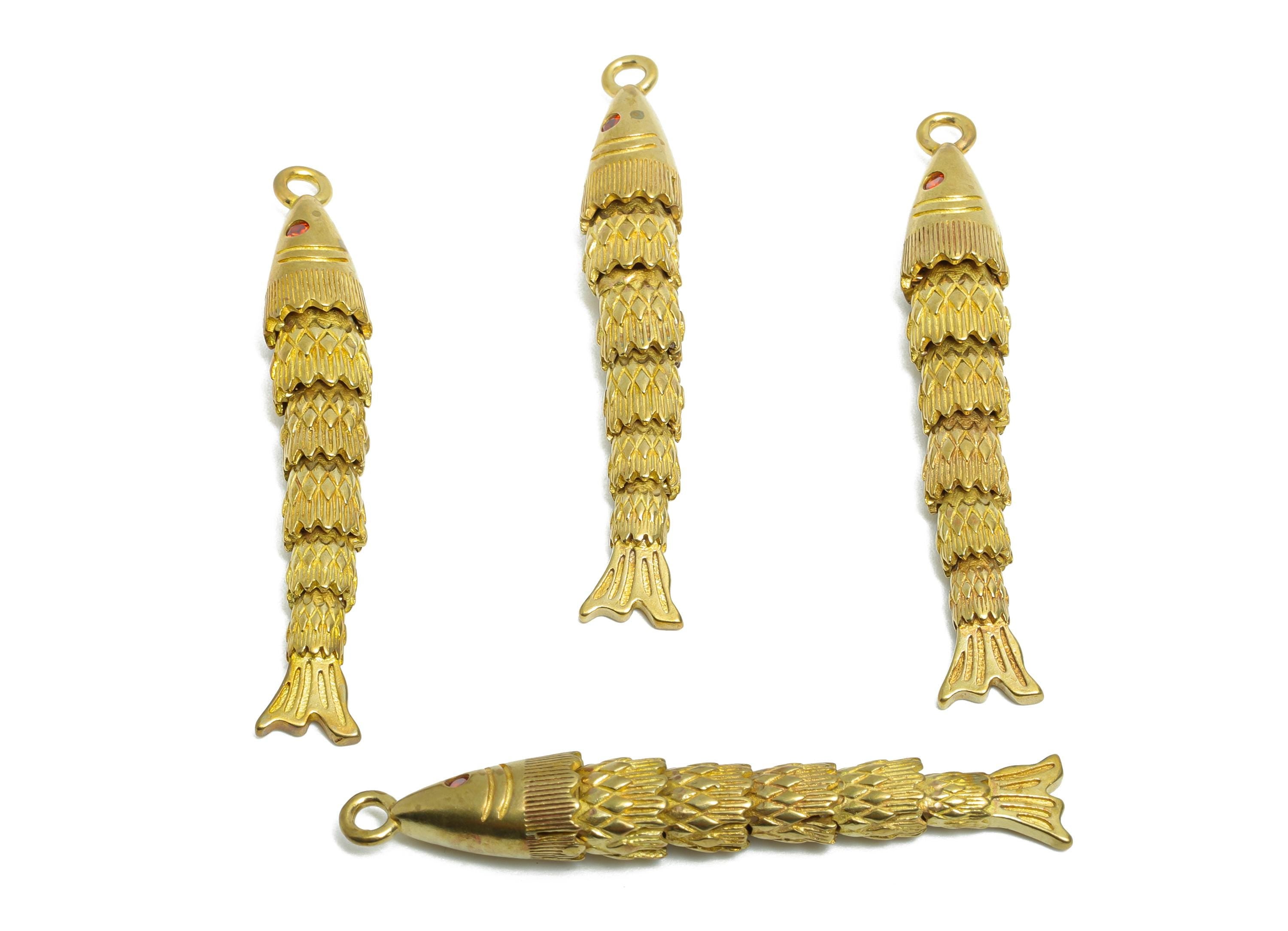 Movable 3D Articulated Fish Charm - Brass Red Zircon Fish Charm - DIY Bracelet Necklace Jewelry Making - Marine Pendant - 43x6x5mm - PP11126 - DOMEDBAZAAR