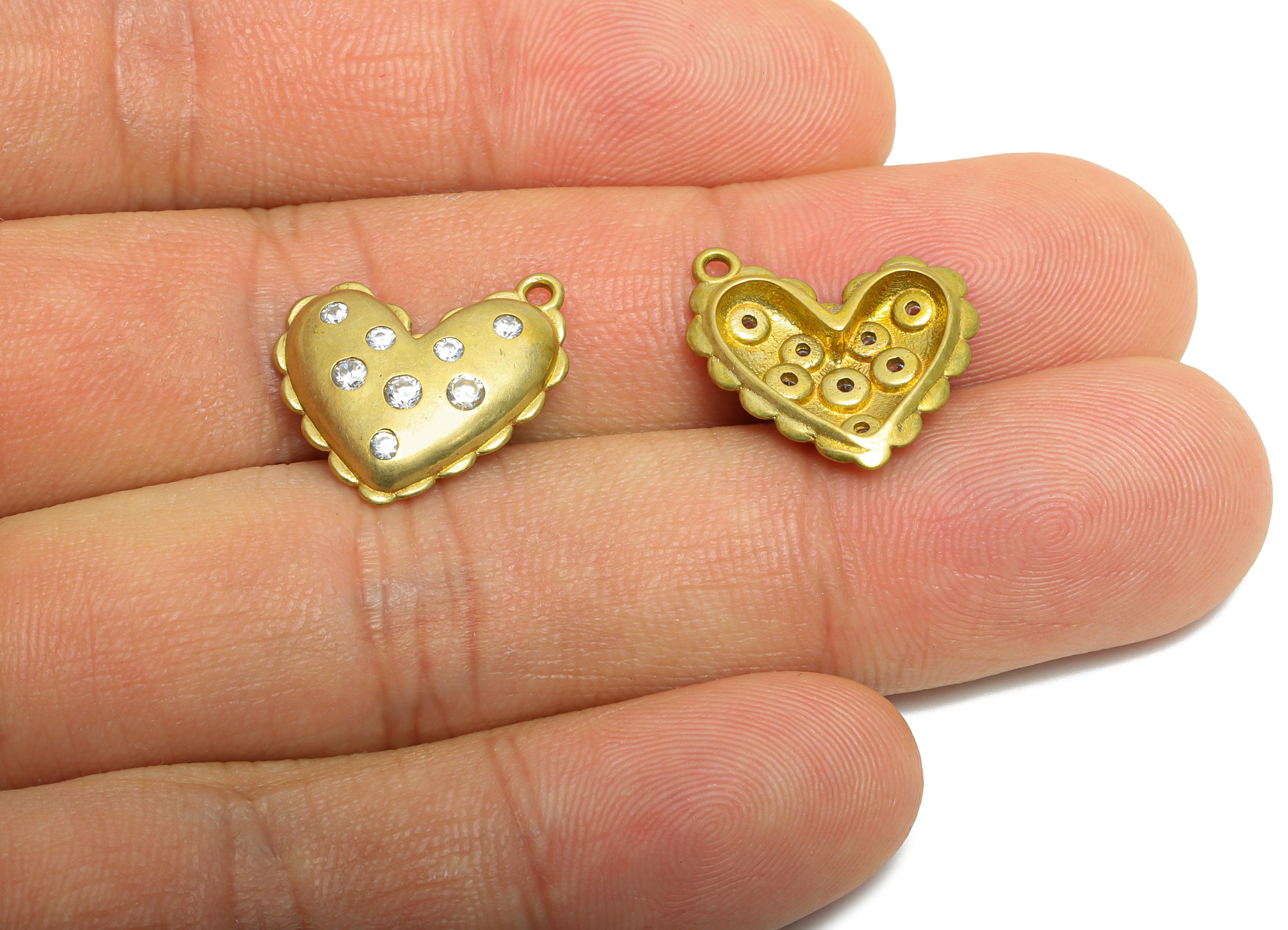 Brass Heart Earring Charms - Raw Brass Romantic Heart Pendant - Elegant Zircon Heart Charms - Decorative Jewelry - 16.8x15x3.56mm - PP11092 - DOMEDBAZAAR