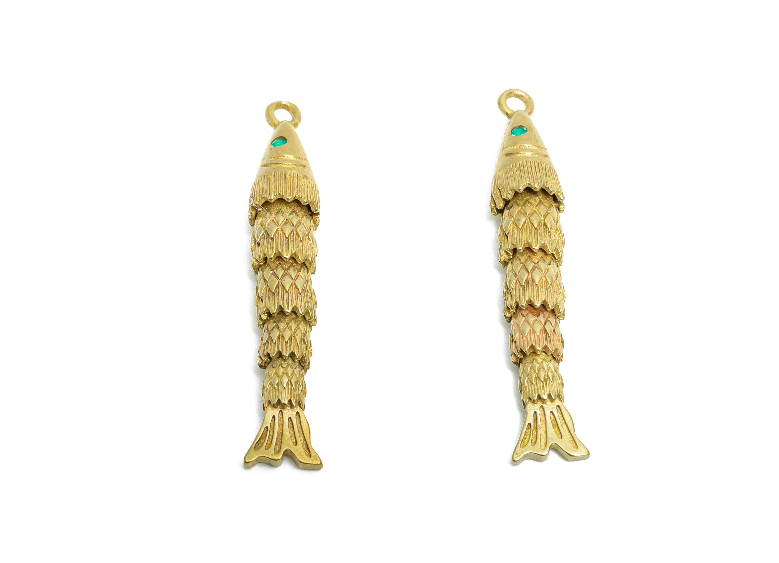 Movable 3D Articulated Fish Charm - Brass Green Zircon Fish Charm - DIY Bracelet Necklace Jewelry Making - Marine Pendant - 36x6x5mm-PP11123 - DOMEDBAZAAR