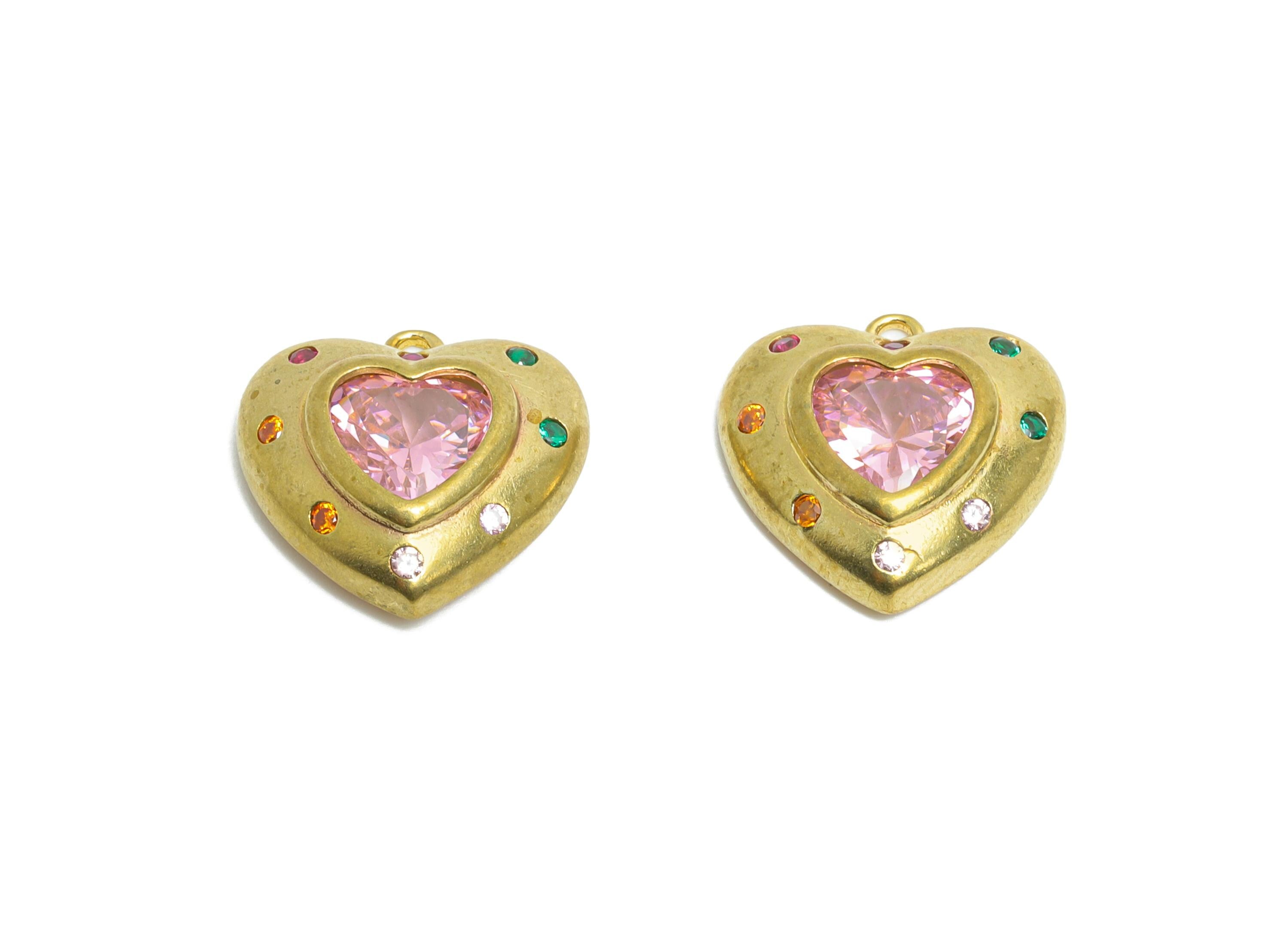 Brass Heart Earring Charms - Raw Brass Romantic Heart Pendant - Colorful Zircon Heart Charms - Decorative Jewelry - 16.15x15.9x4mm - PP11094 - DOMEDBAZAAR
