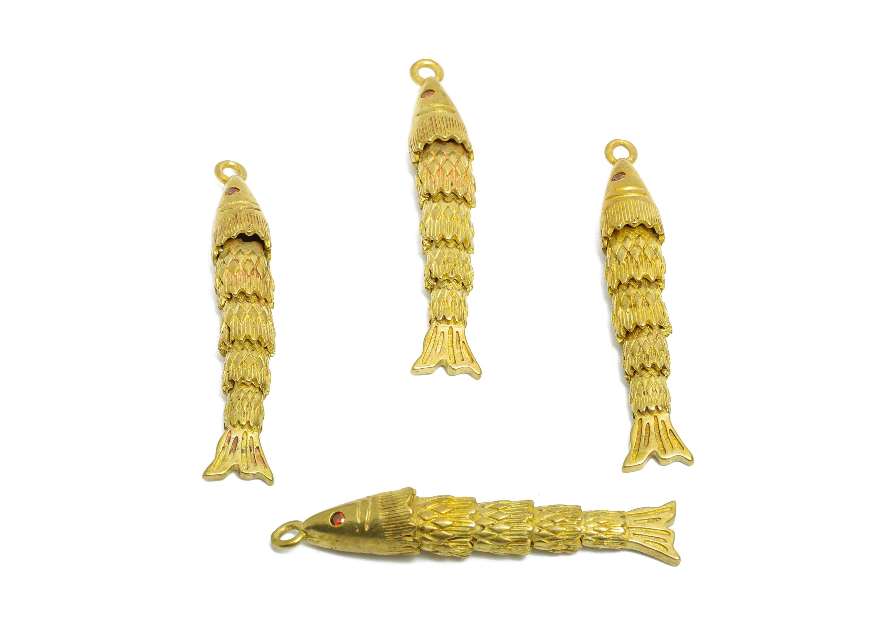 Movable 3D Articulated Fish Charm - Brass Red Zircon Fish Charm - DIY Bracelet Necklace Jewelry Making - Marine Pendant - 36x6x5mm - PP11124 - DOMEDBAZAAR