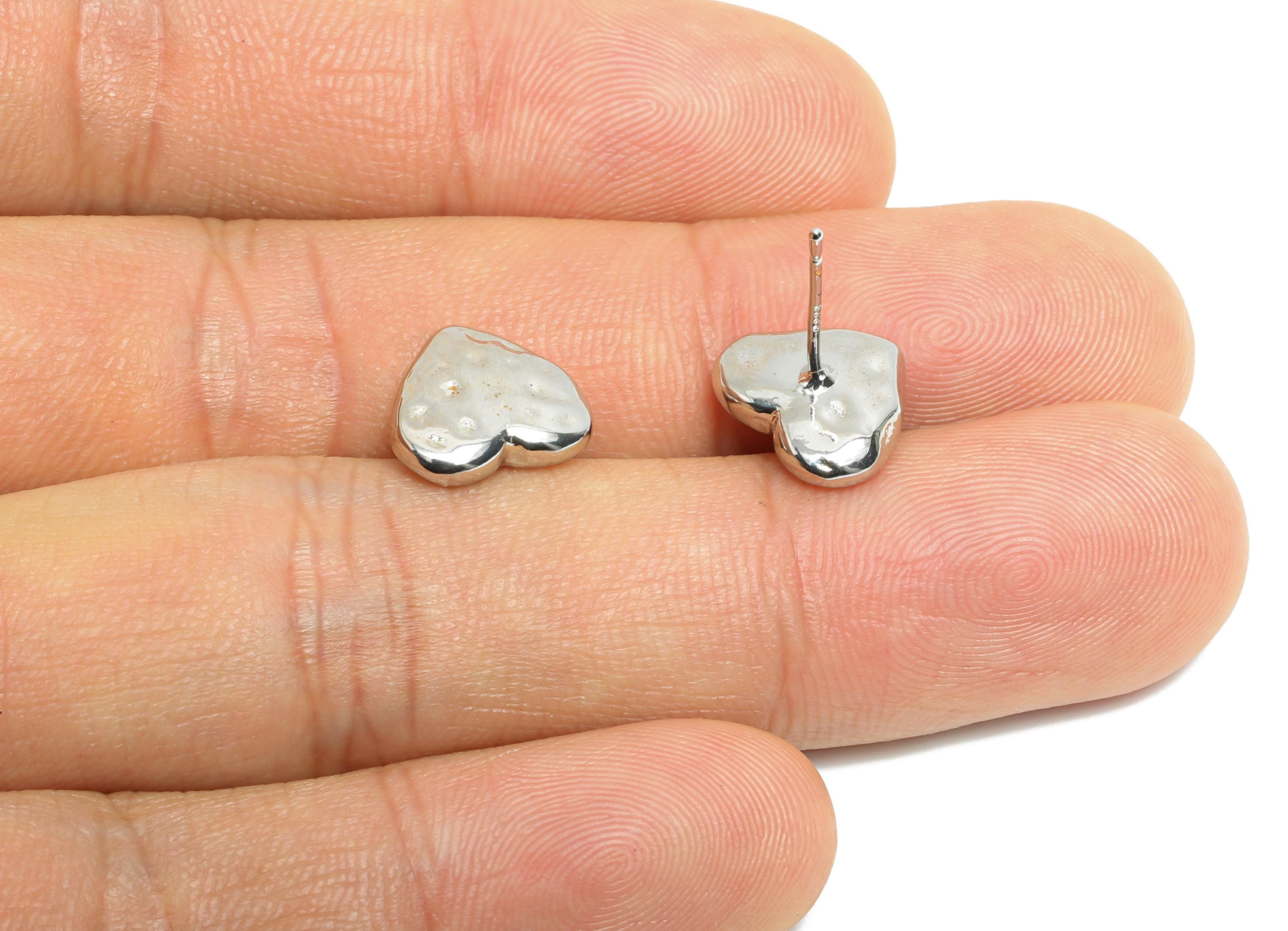 Textured Heart Stud - Brass Hammered Heart Earring Stud - Modern Love Heart Stud Earring - 18K Real White Gold Plated - 10x11x4mm - RGP9663S - DOMEDBAZAAR